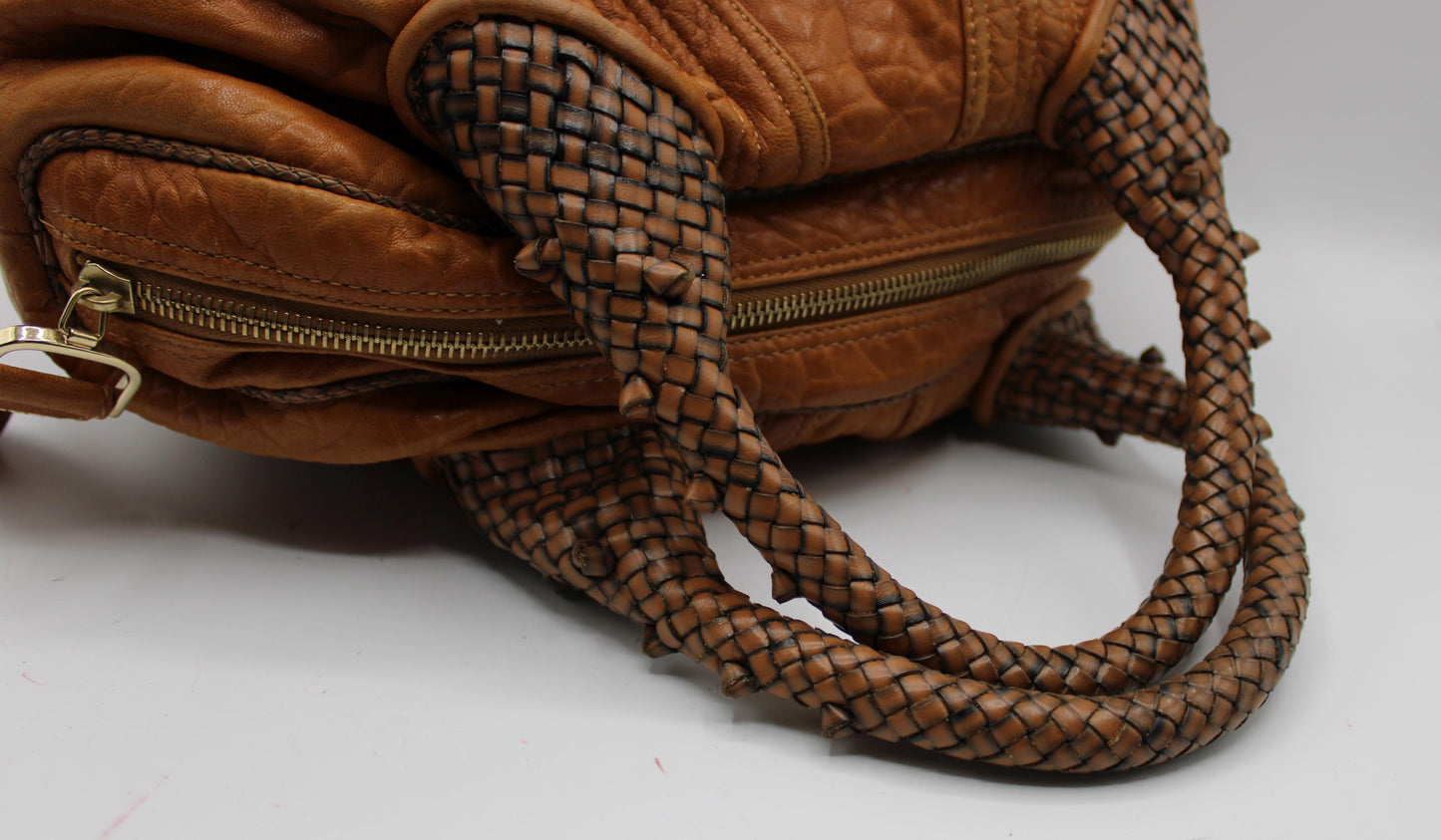 Fendi Cognac Leather Baby Spy Woven Satchel