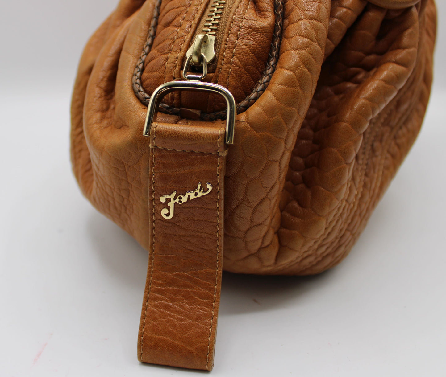 Fendi Cognac Leather Baby Spy Woven Satchel