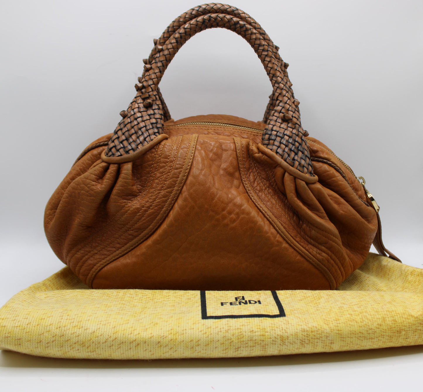Fendi Cognac Leather Baby Spy Woven Satchel