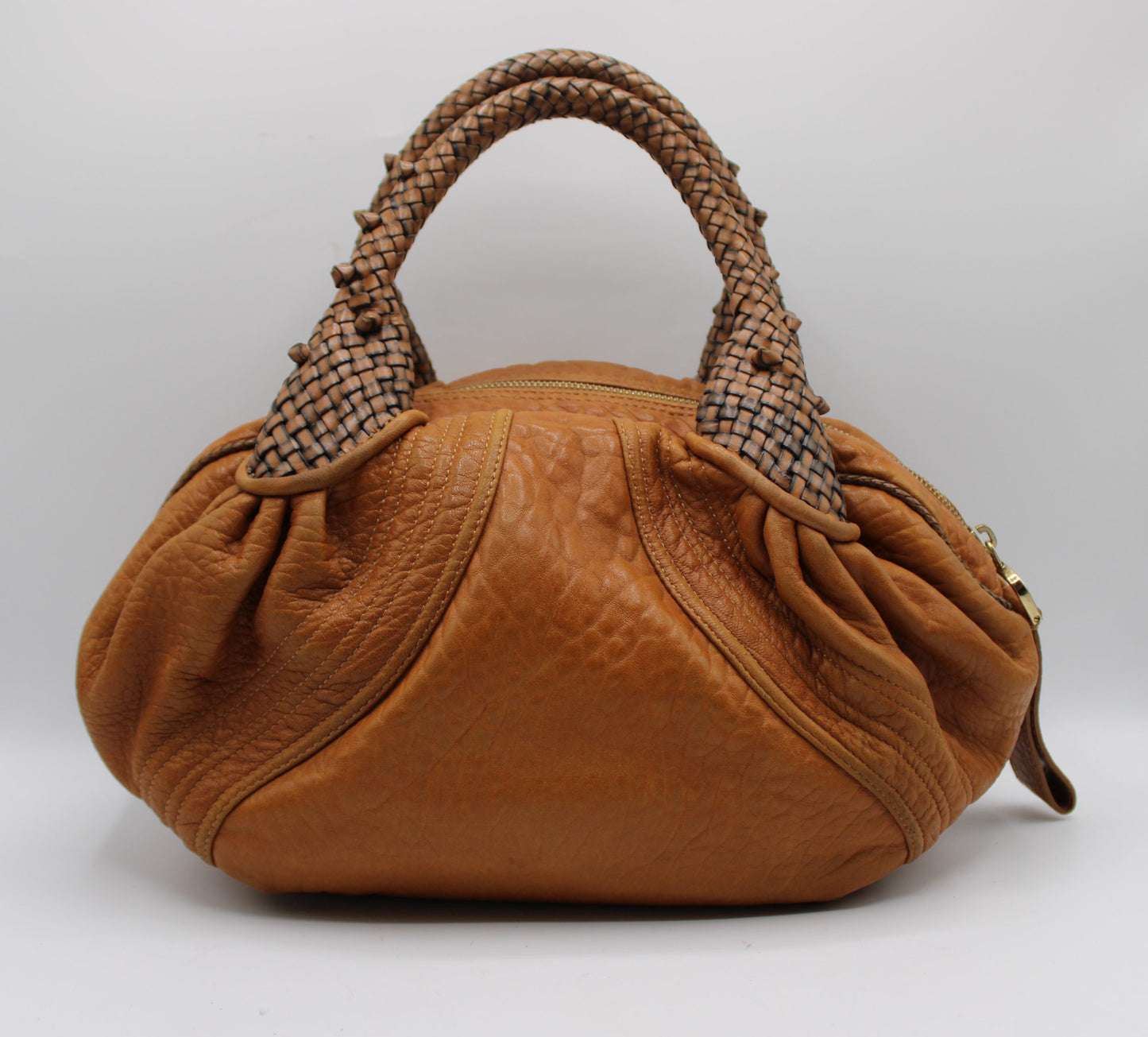Fendi Cognac Leather Baby Spy Woven Satchel