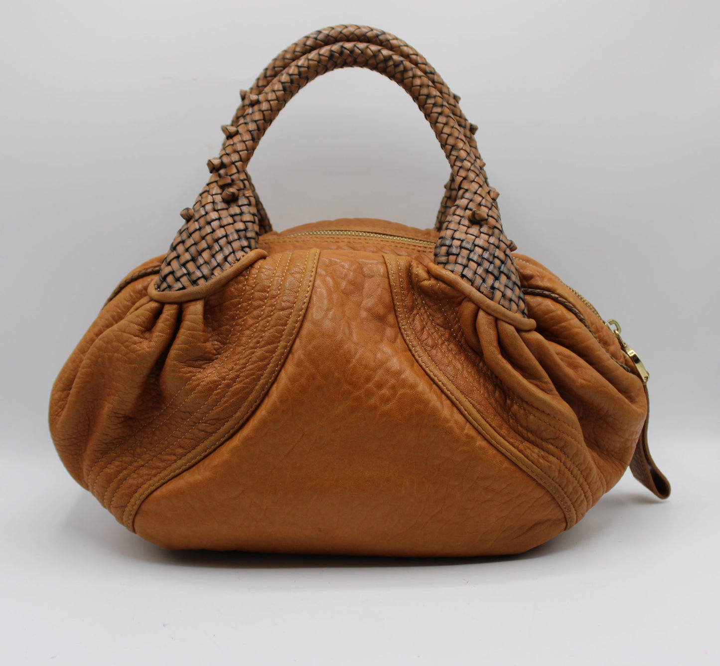 Fendi Cognac Leather Baby Spy Woven Satchel