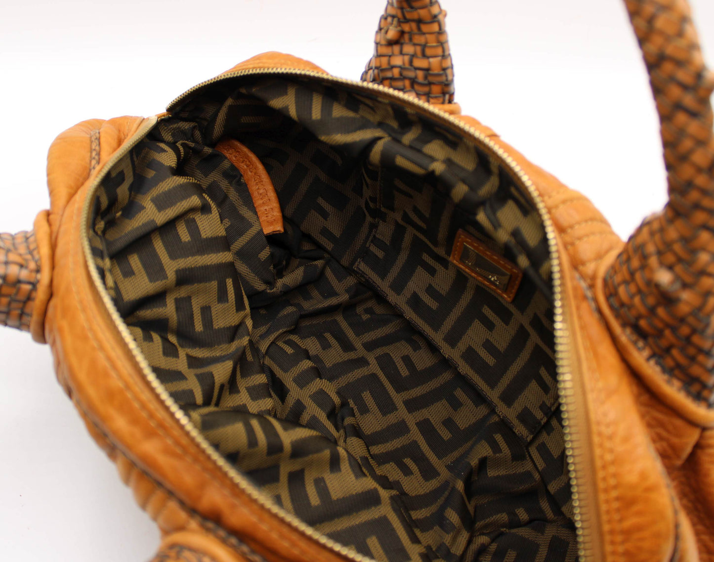 Fendi Cognac Leather Baby Spy Woven Satchel