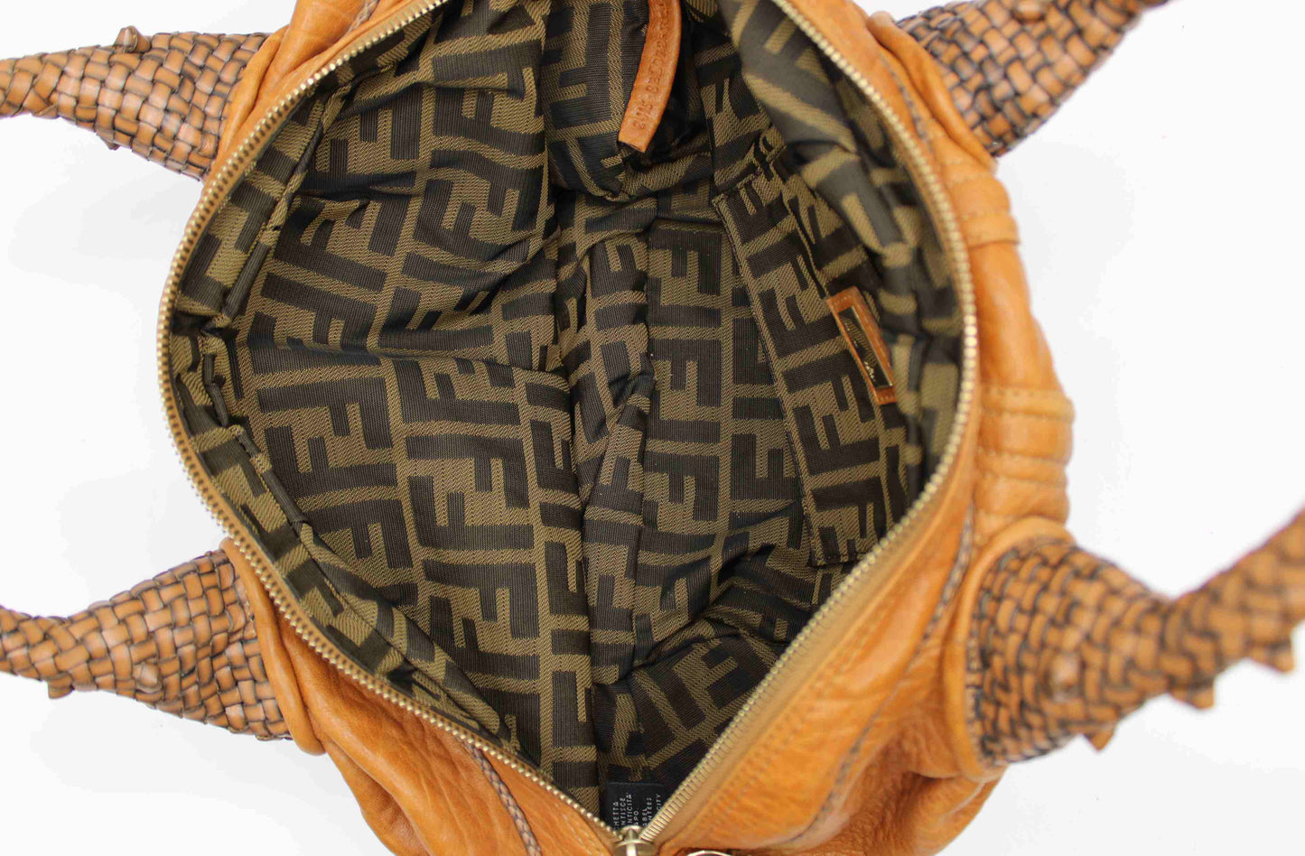 Fendi Cognac Leather Baby Spy Woven Satchel