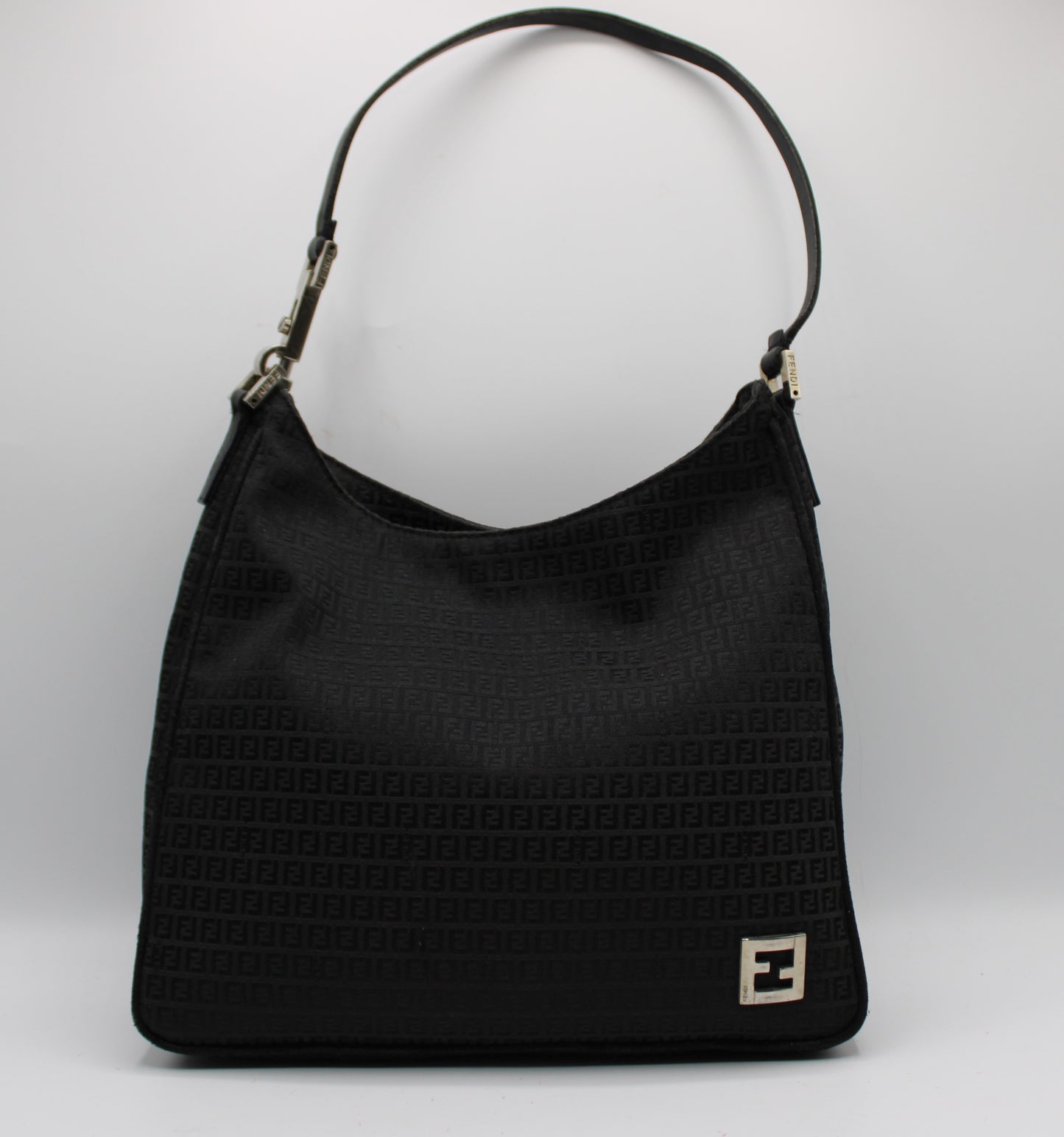 Fendi Black Zucca Canvas Leather Strap Shoulder Bag