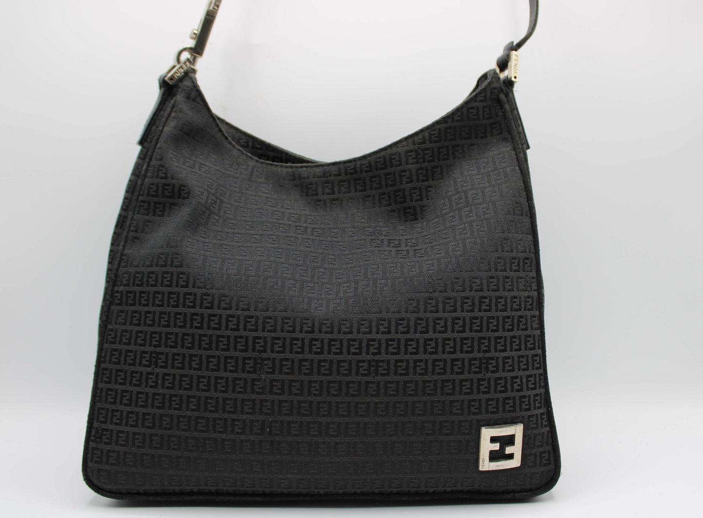 Fendi Black Zucca Canvas Leather Strap Shoulder Bag