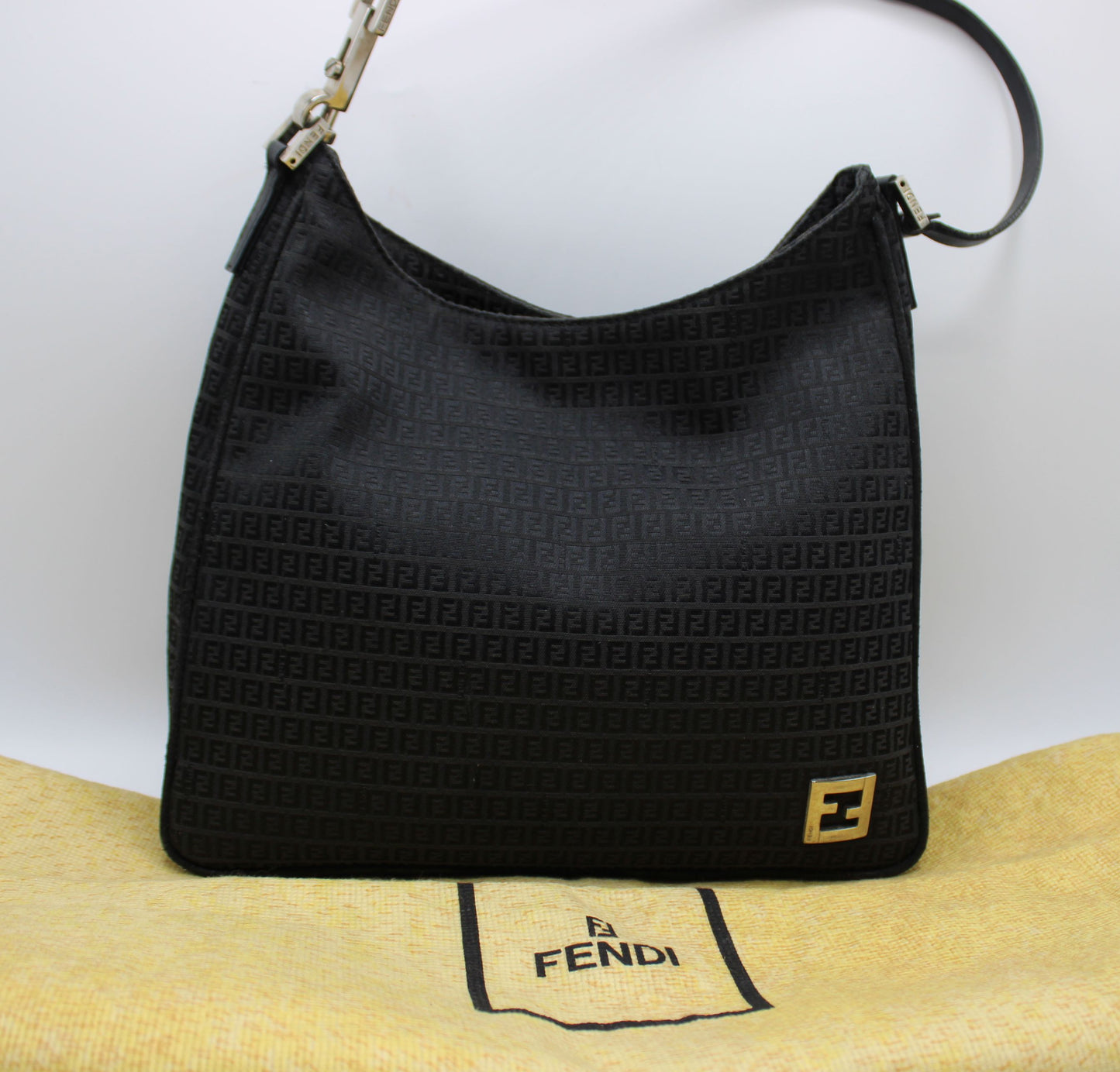 Fendi Black Zucca Canvas Leather Strap Shoulder Bag