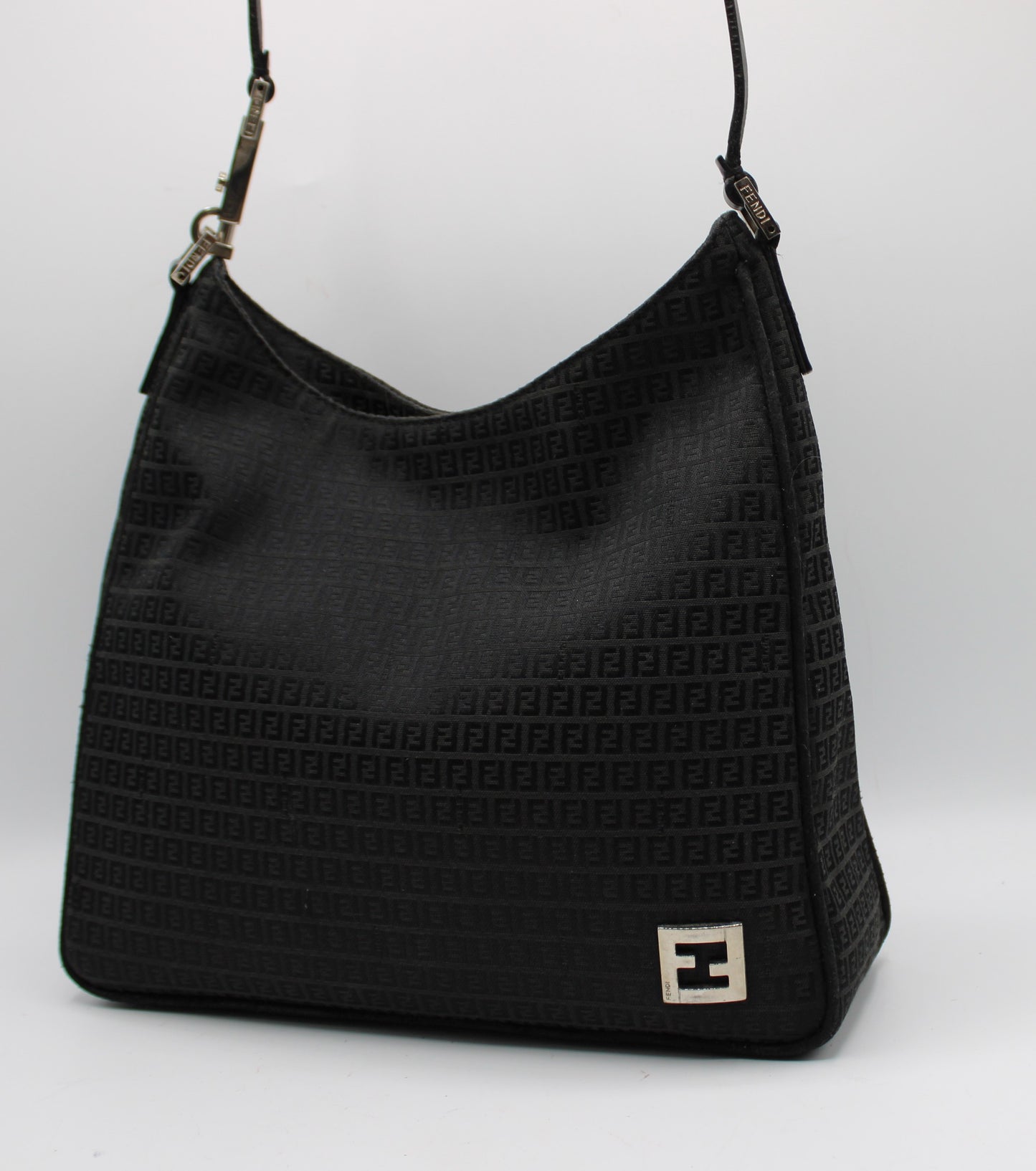 Fendi Black Zucca Canvas Leather Strap Shoulder Bag