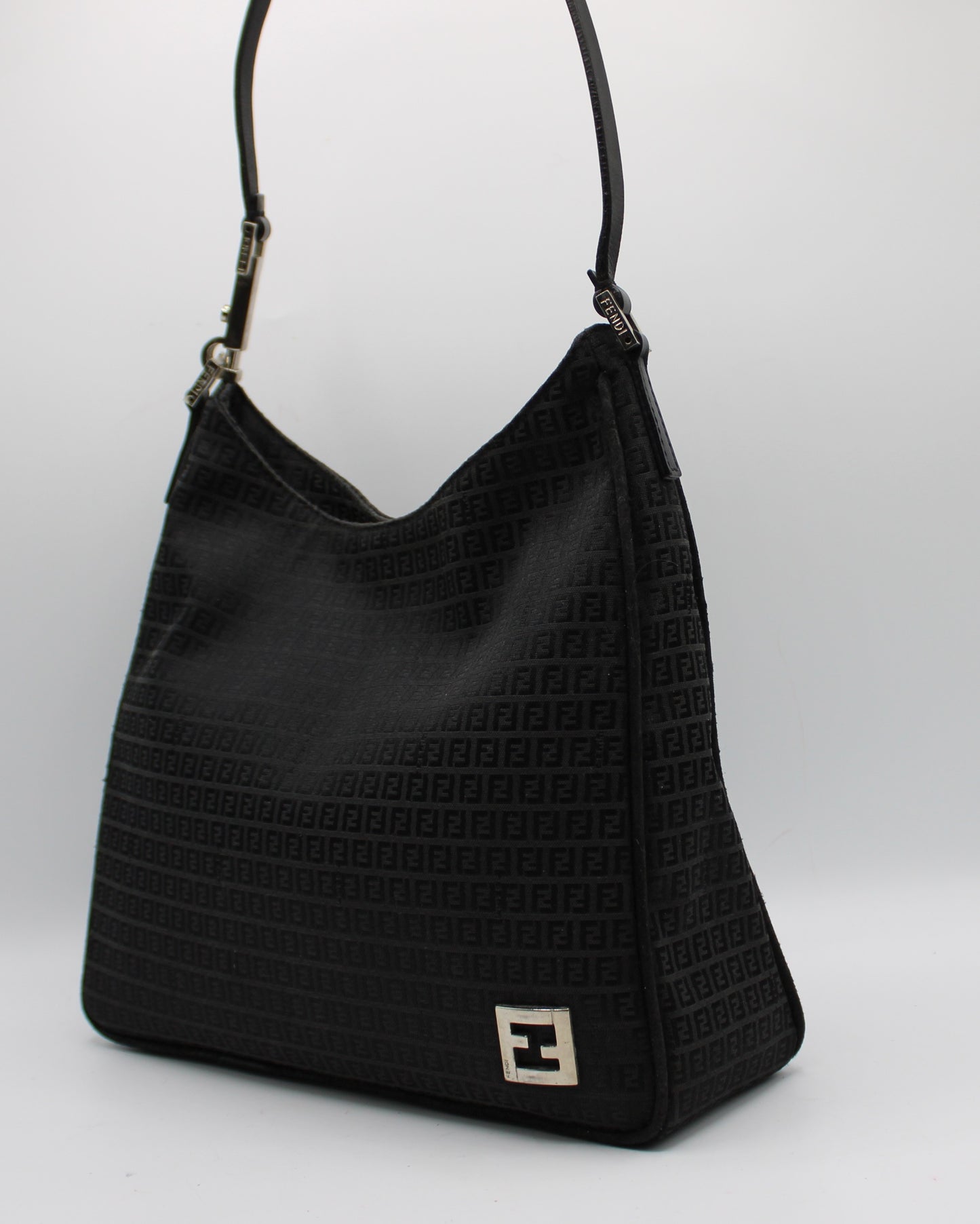 Fendi Black Zucca Canvas Leather Strap Shoulder Bag