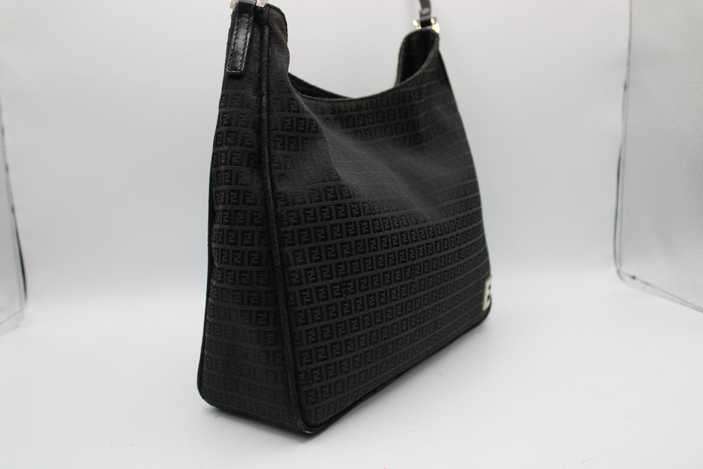 Fendi Black Zucca Canvas Leather Strap Shoulder Bag