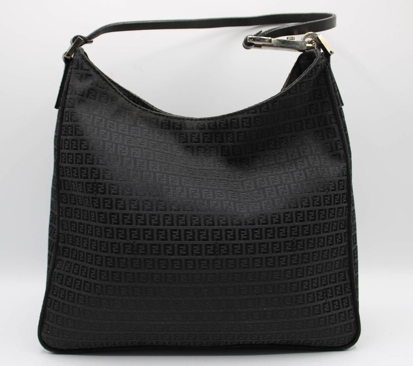 Fendi Black Zucca Canvas Leather Strap Shoulder Bag