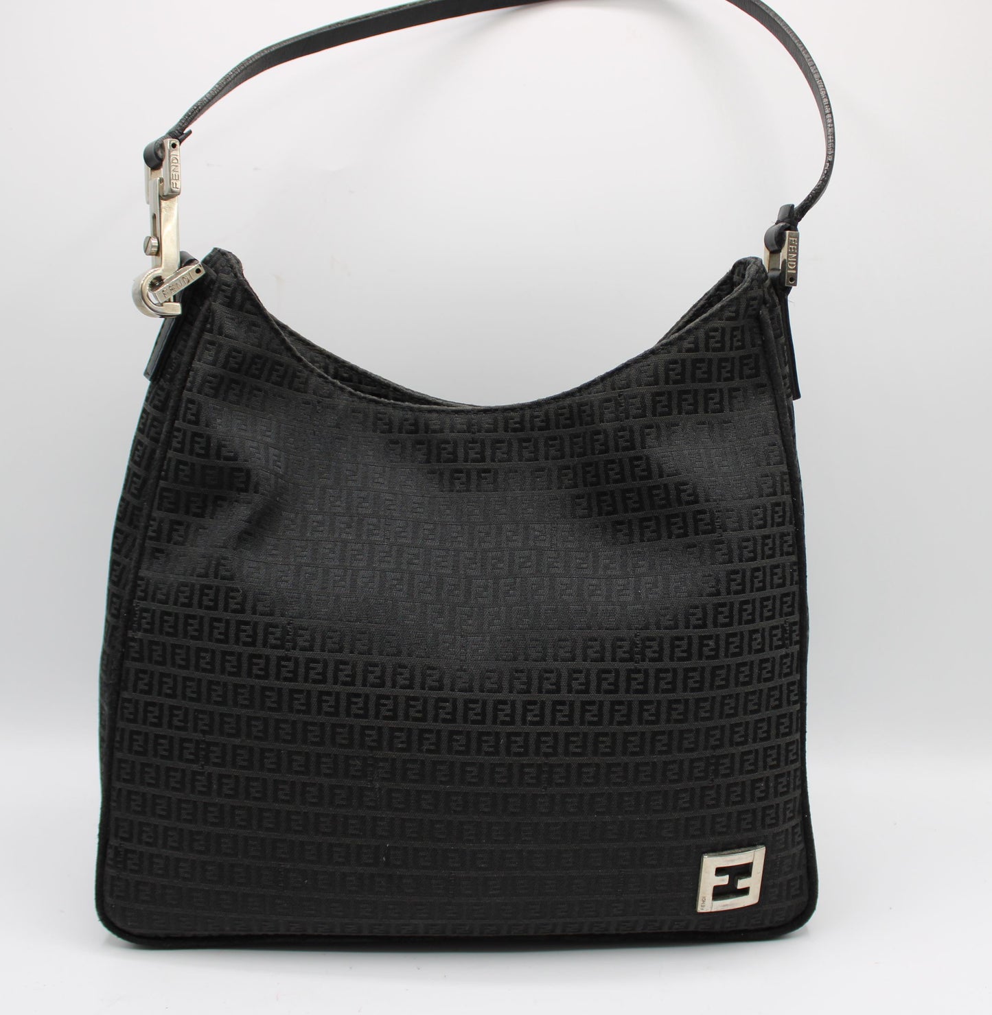 Fendi Black Zucca Canvas Leather Strap Shoulder Bag