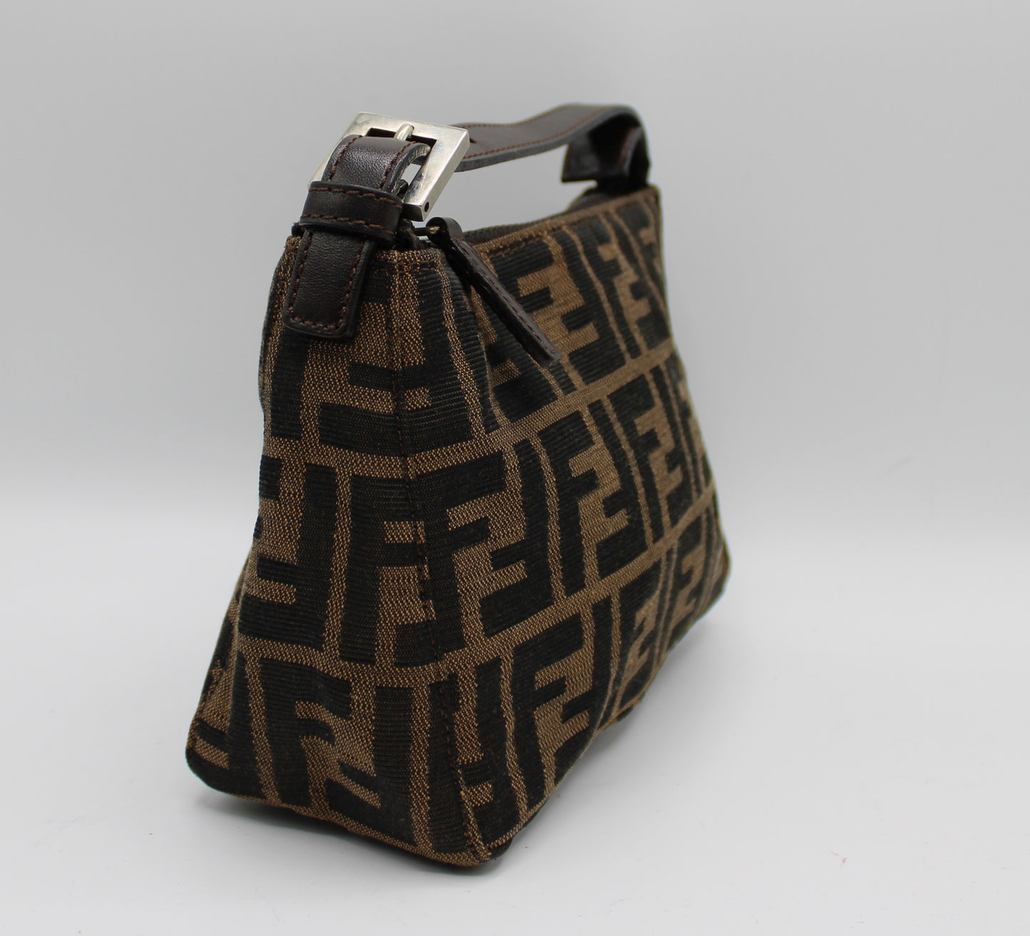 Fendi Brown Zucca Canvas Leather Pochette Handbag