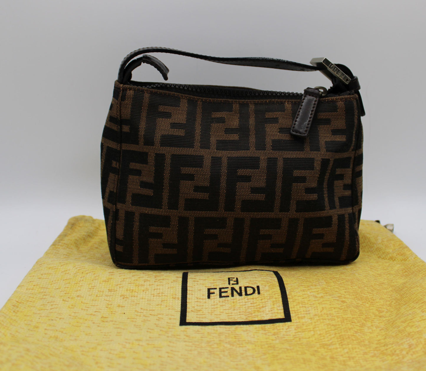 Fendi Brown Zucca Canvas Leather Pochette Handbag