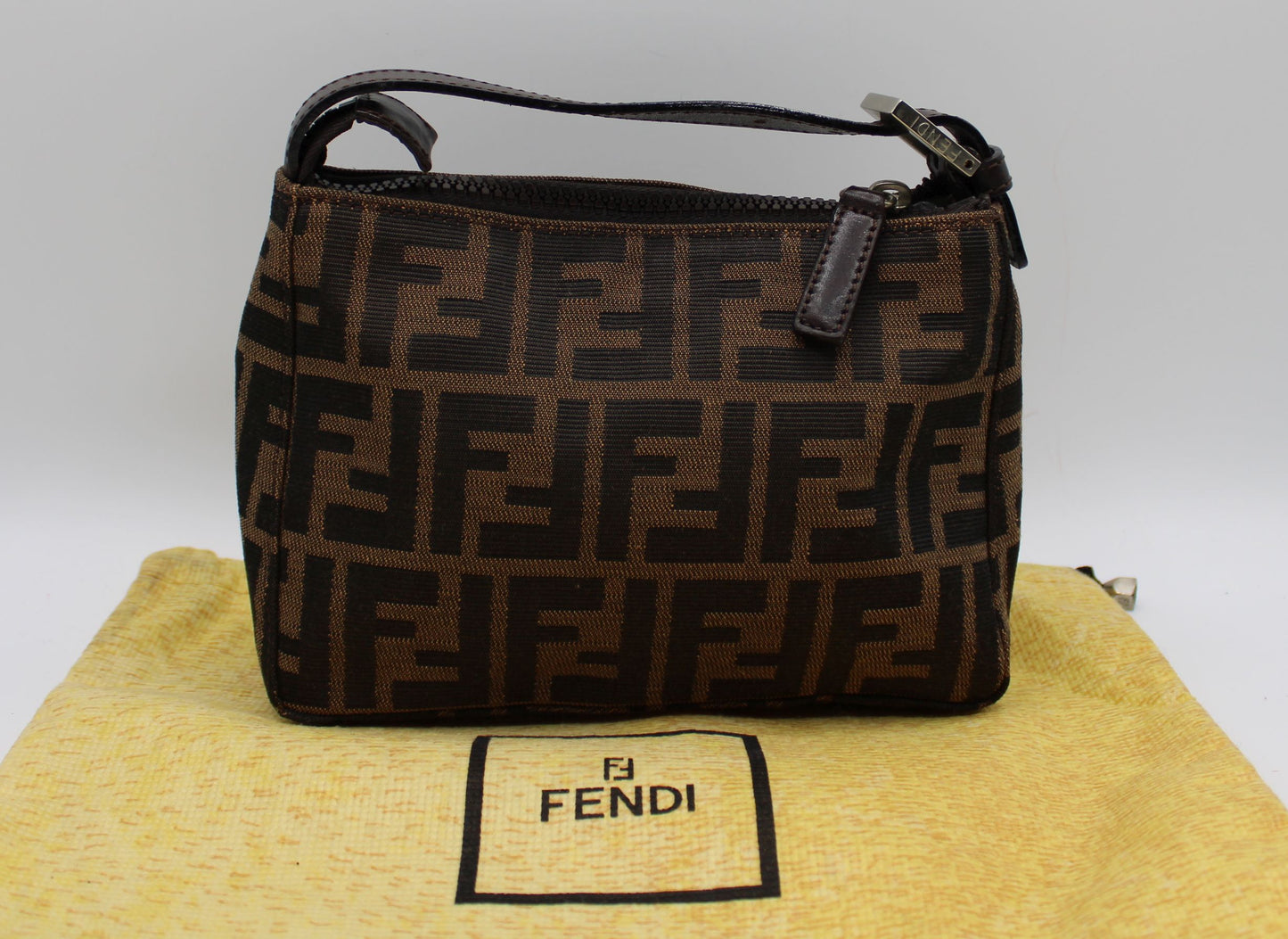 Fendi Brown Zucca Canvas Leather Pochette Handbag