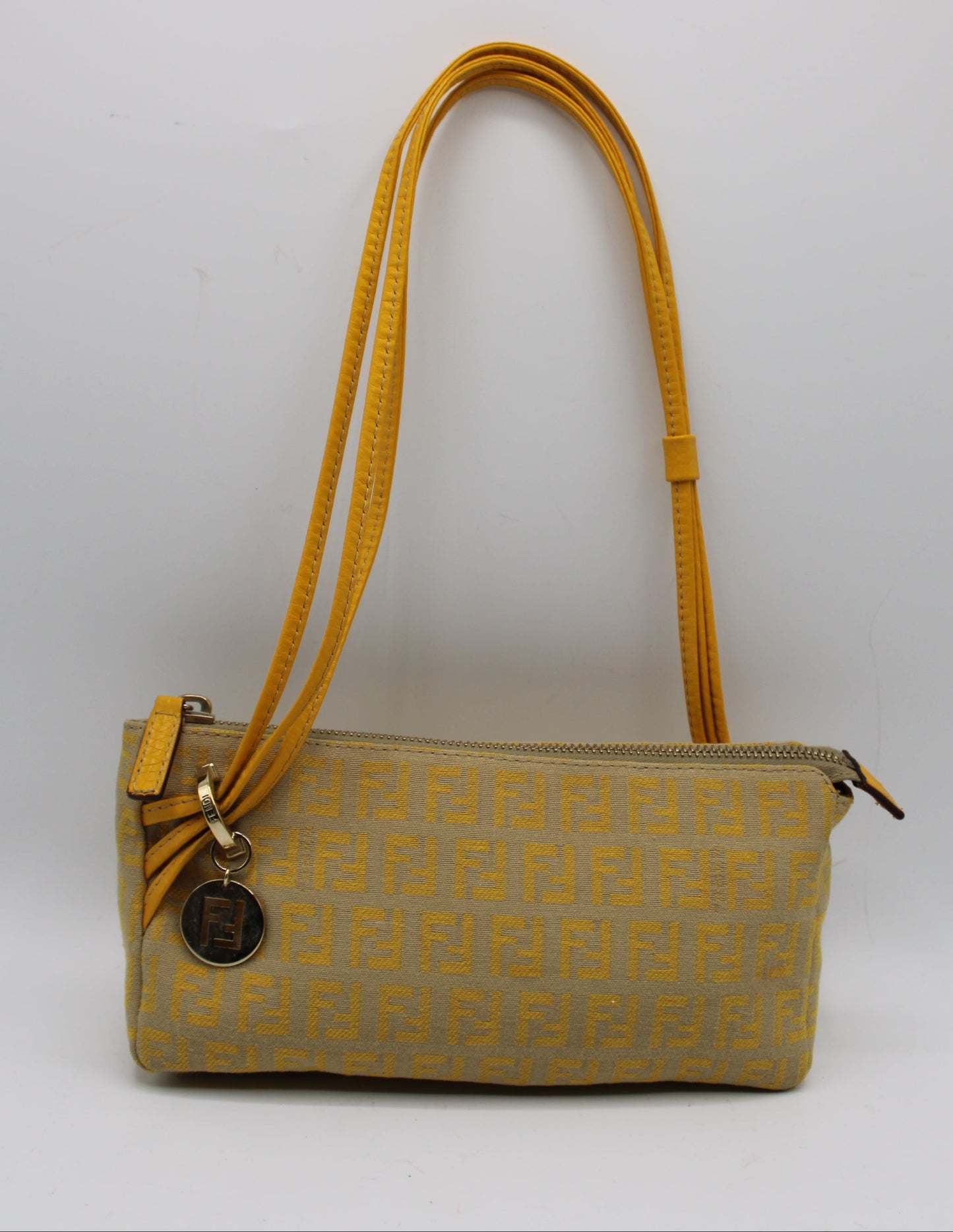 Fendi Yellow Mustard Zucca Canvas Leather Strap Shoulder Bag