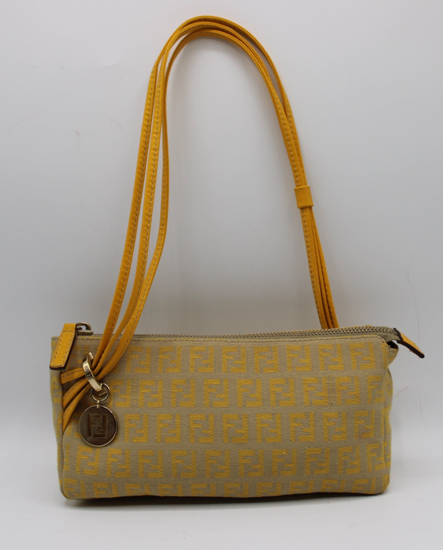 Fendi Yellow Mustard Zucca Canvas Leather Strap Shoulder Bag