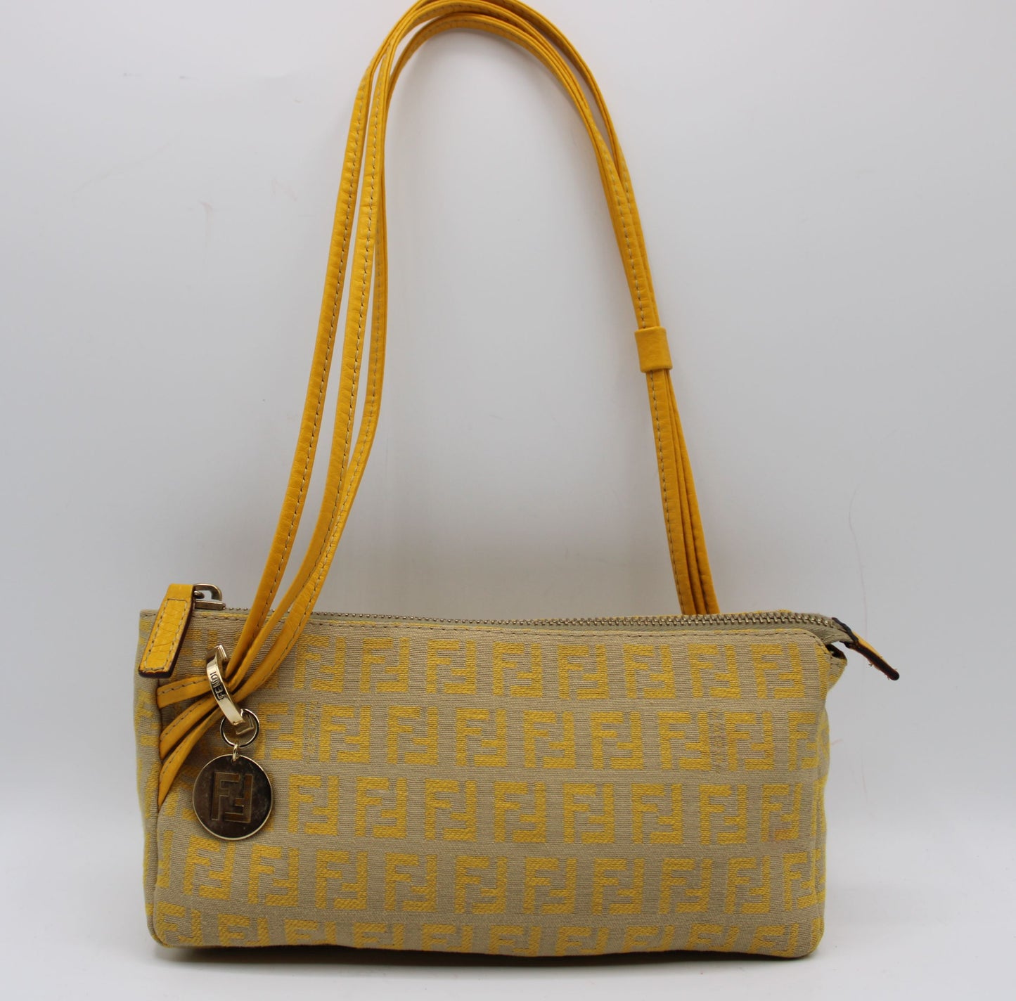 Fendi Yellow Mustard Zucca Canvas Leather Strap Shoulder Bag