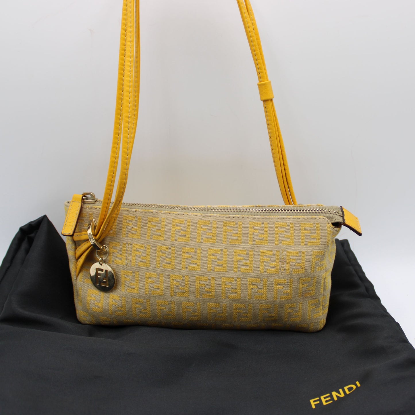 Fendi Yellow Mustard Zucca Canvas Leather Strap Shoulder Bag
