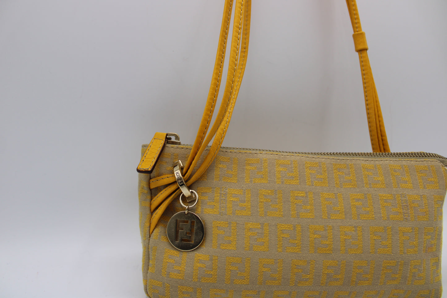 Fendi Yellow Mustard Zucca Canvas Leather Strap Shoulder Bag