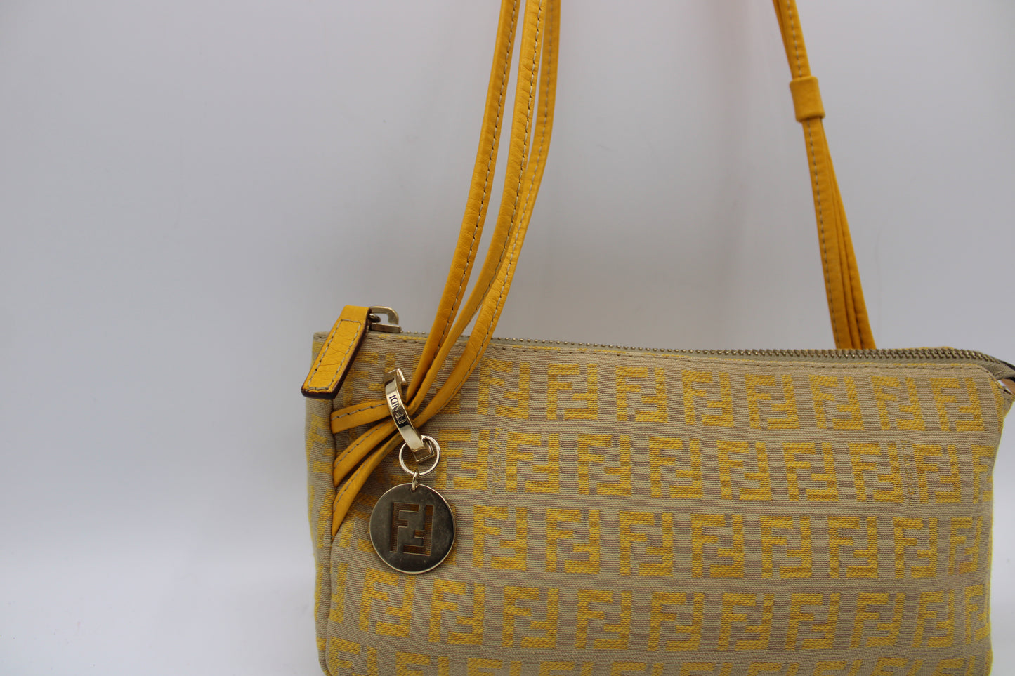 Fendi Yellow Mustard Zucca Canvas Leather Strap Shoulder Bag
