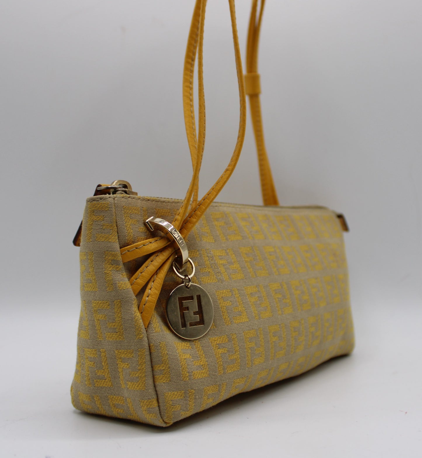 Fendi Yellow Mustard Zucca Canvas Leather Strap Shoulder Bag