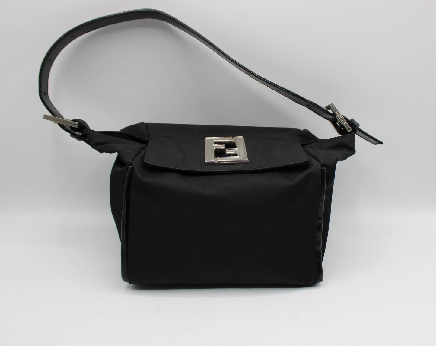 Fendi Black Neoprene Leather Strap Magnetic Logo Shoulder Bag