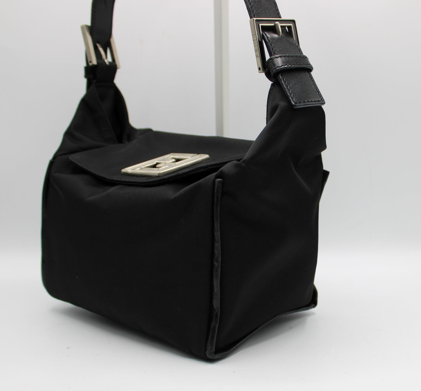 Fendi Black Neoprene Leather Strap Magnetic Logo Shoulder Bag
