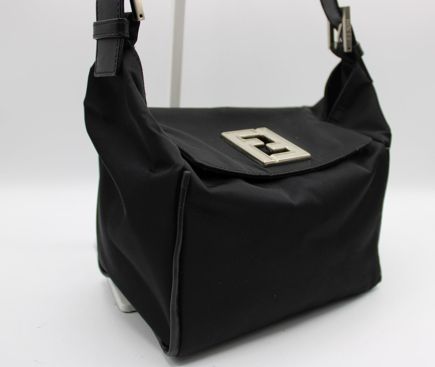 Fendi Black Neoprene Leather Strap Magnetic Logo Shoulder Bag