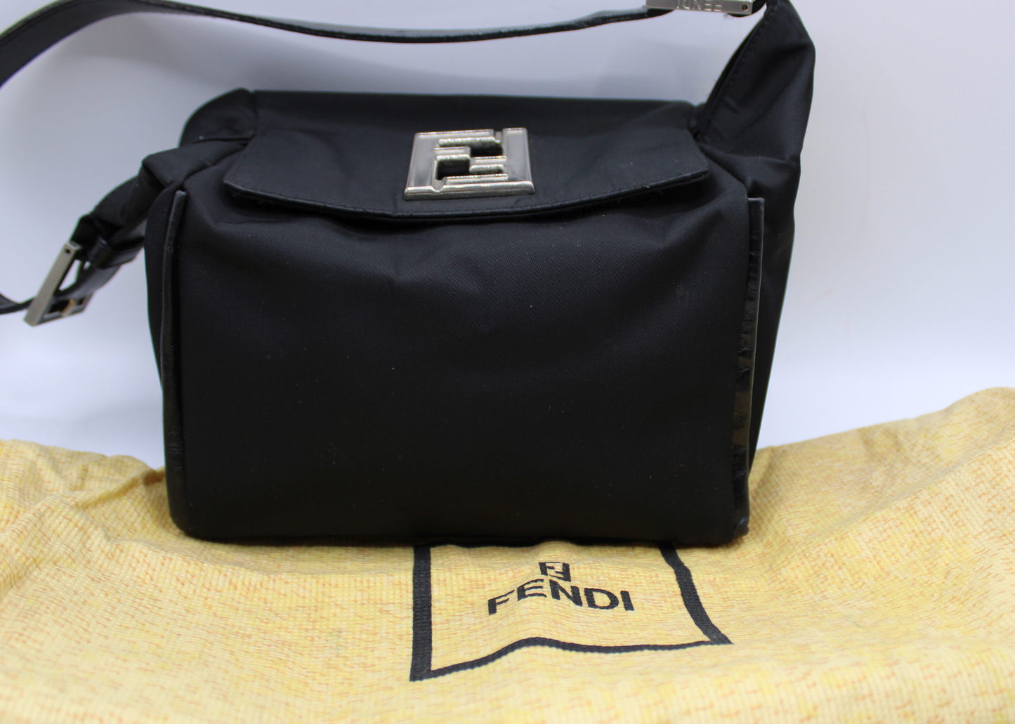 Fendi Black Neoprene Leather Strap Magnetic Logo Shoulder Bag