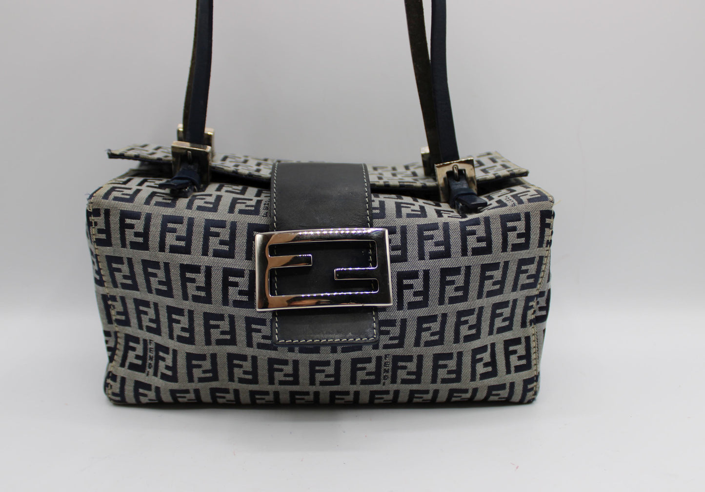 Fendi Navy Zucca Canvas Leather Mini Baguette Bag