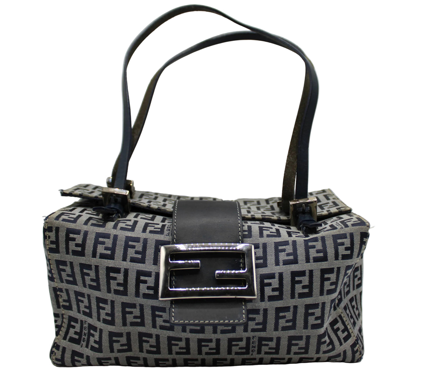 Fendi Navy Zucca Canvas Leather Mini Baguette Bag Patterned handbag with a prominent logo on a light gray background