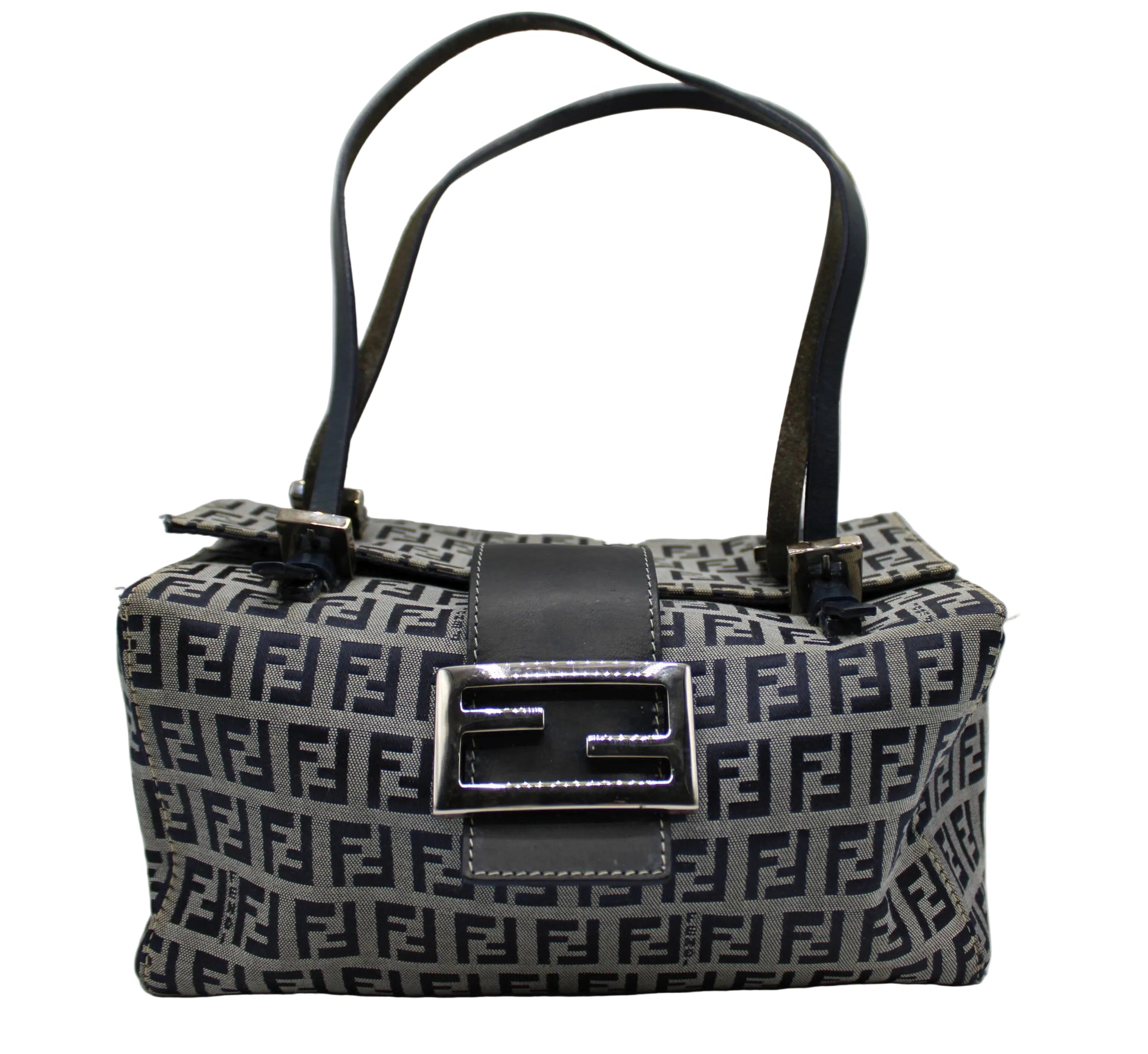 Fendi Navy Zucca Canvas Leather Mini Baguette Bag Patterned handbag with a prominent logo on a light gray background