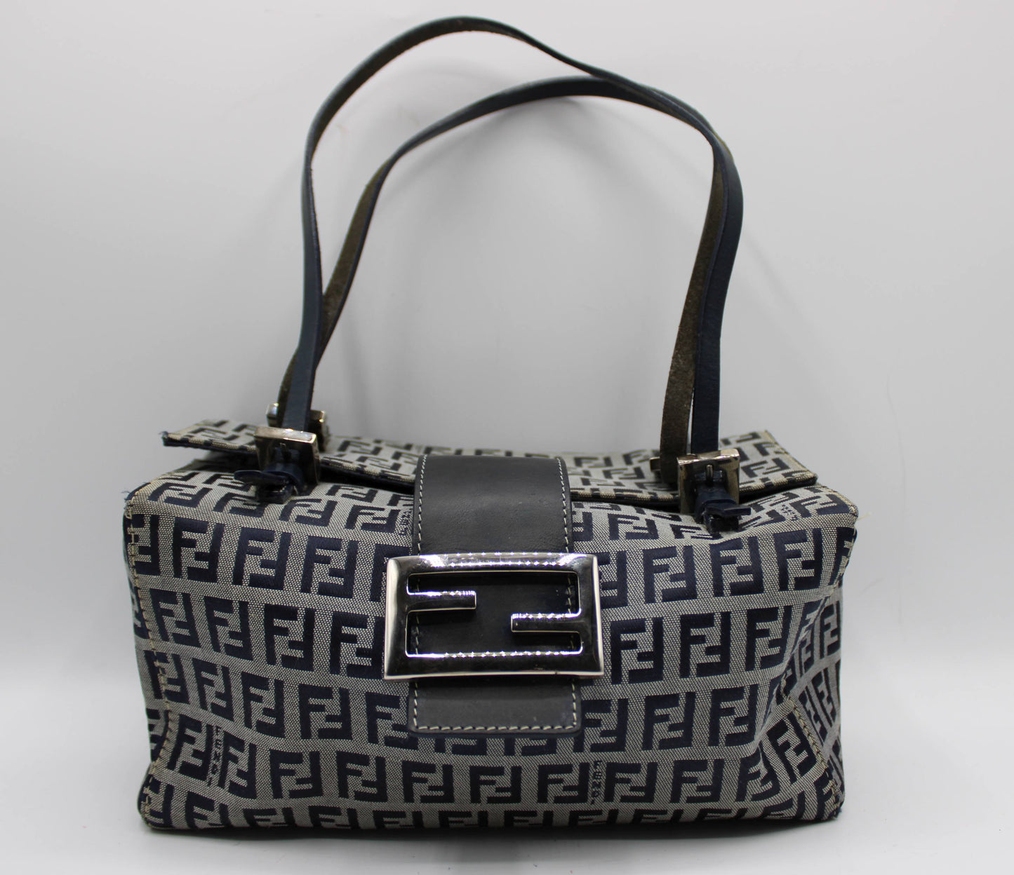Fendi Navy Zucca Canvas Leather Mini Baguette Bag