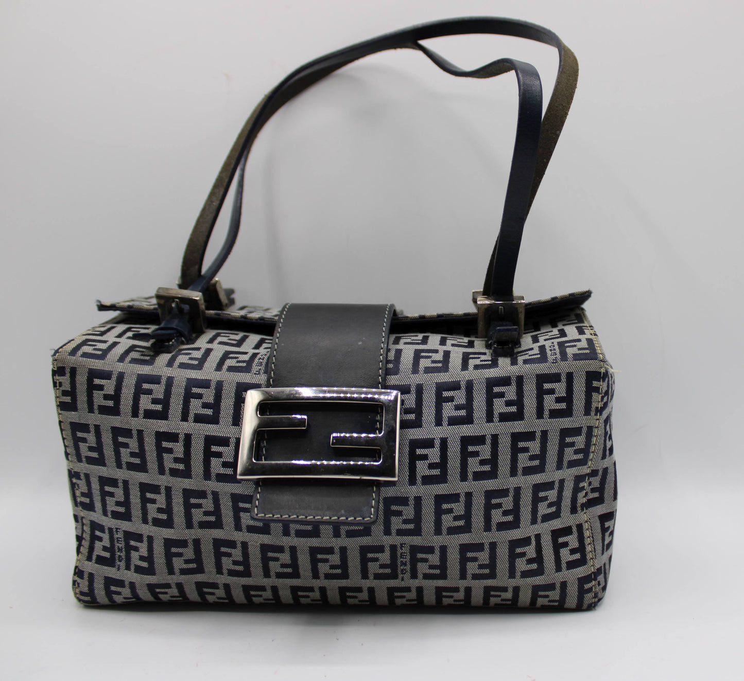 Fendi Navy Zucca Canvas Leather Mini Baguette Bag