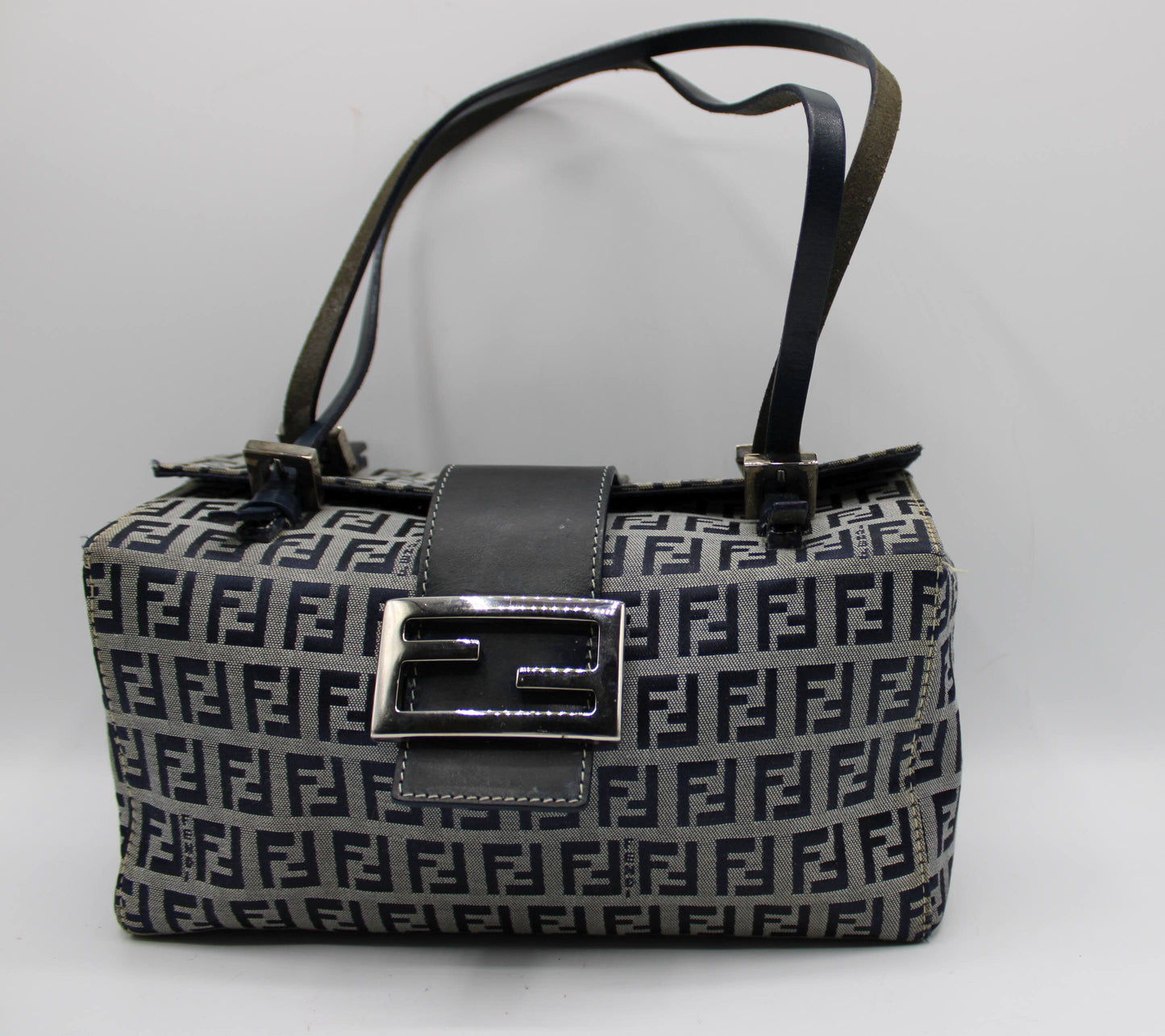 Fendi Navy Zucca Canvas Leather Mini Baguette Bag
