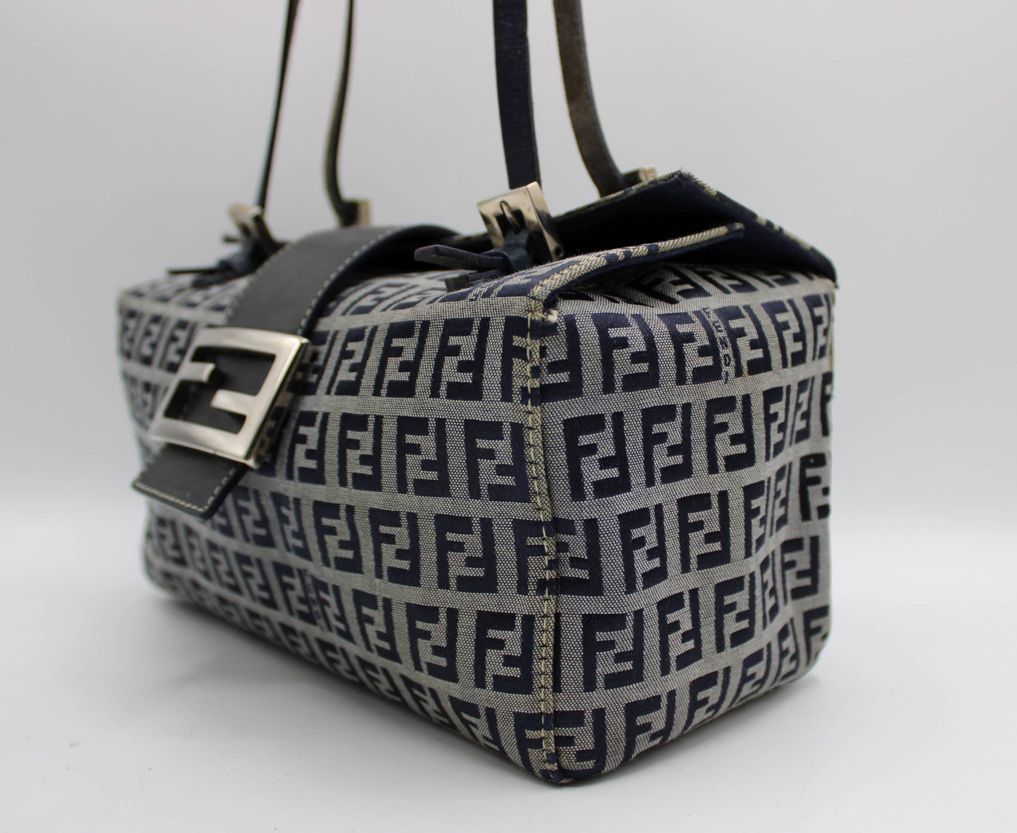 Fendi Navy Zucca Canvas Leather Mini Baguette Bag