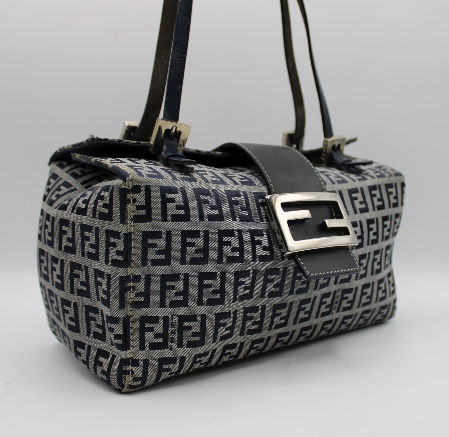 Fendi Navy Zucca Canvas Leather Mini Baguette Bag