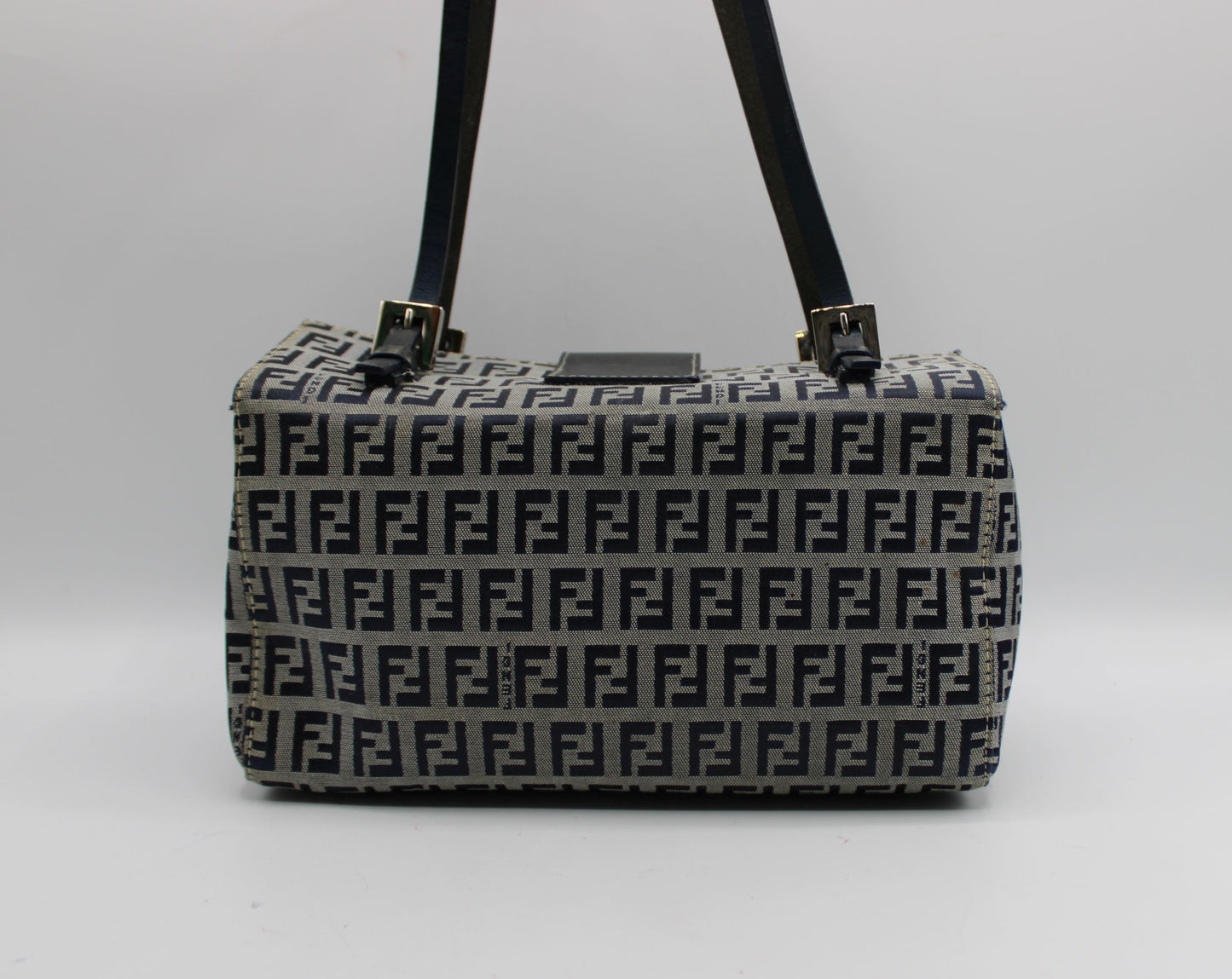 Fendi Navy Zucca Canvas Leather Mini Baguette Bag