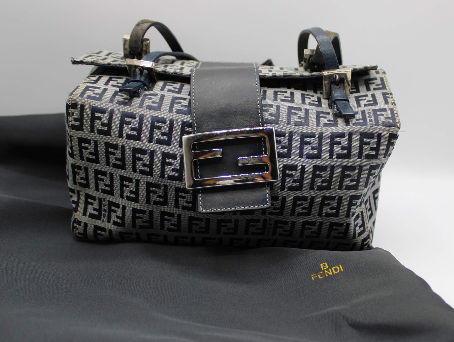 Fendi Navy Zucca Canvas Leather Mini Baguette Bag