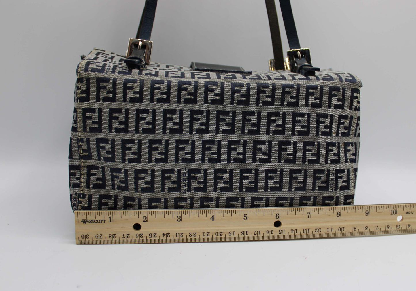 Fendi Navy Zucca Canvas Leather Mini Baguette Bag