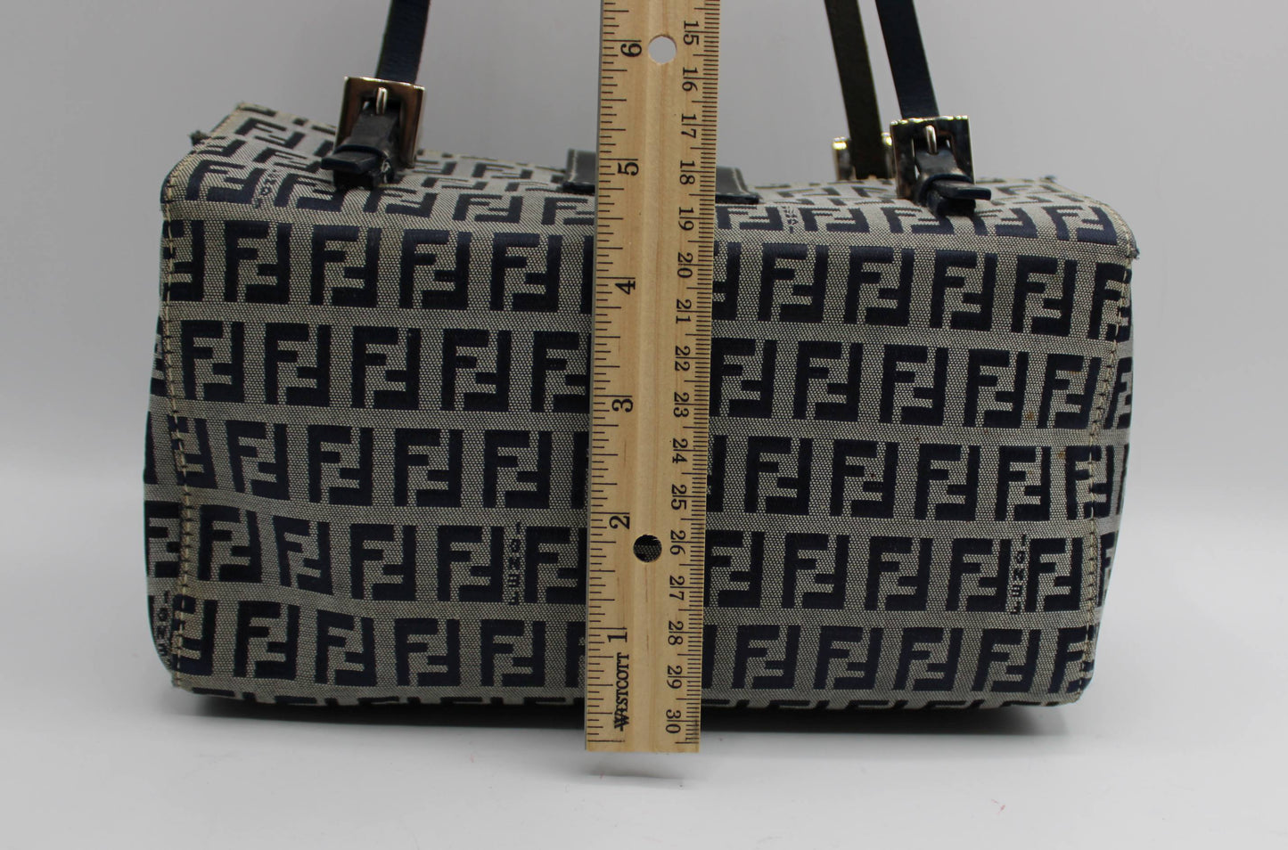Fendi Navy Zucca Canvas Leather Mini Baguette Bag