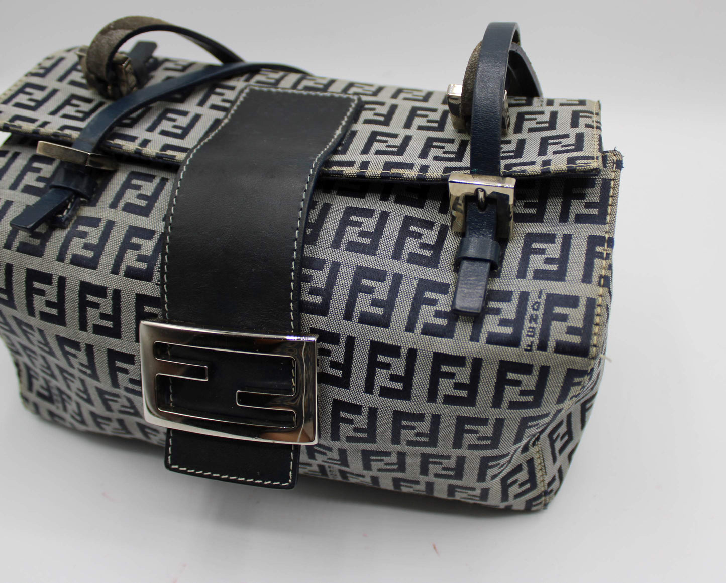 Fendi Navy Zucca Canvas Leather Mini Baguette Bag
