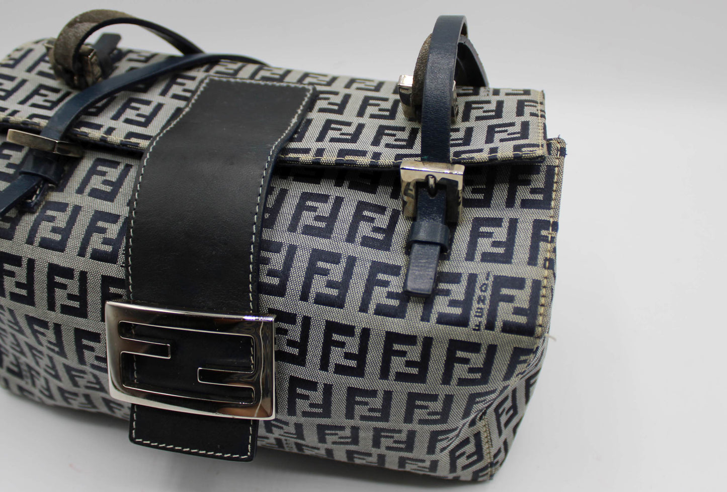 Fendi Navy Zucca Canvas Leather Mini Baguette Bag