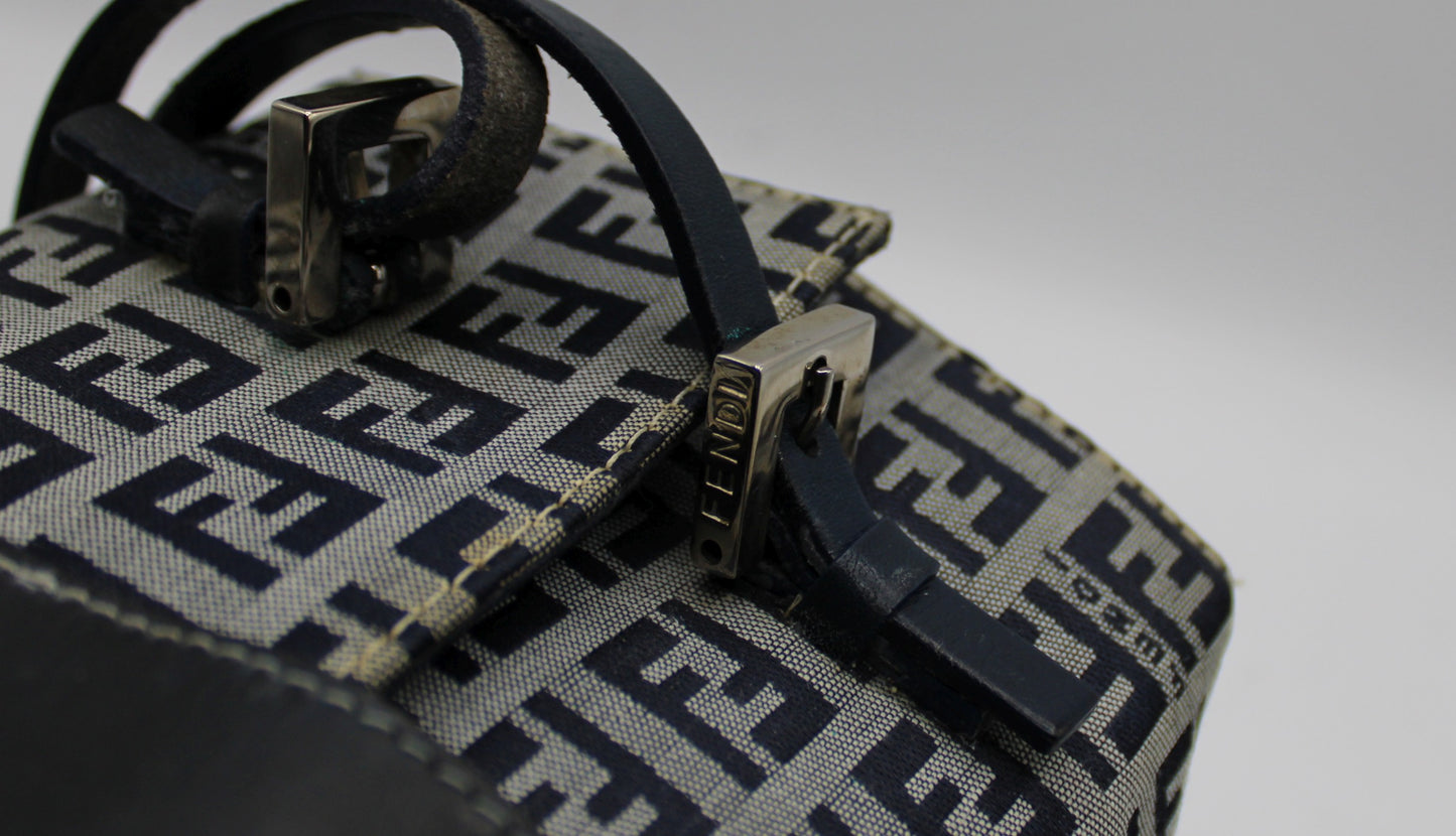 Fendi Navy Zucca Canvas Leather Mini Baguette Bag