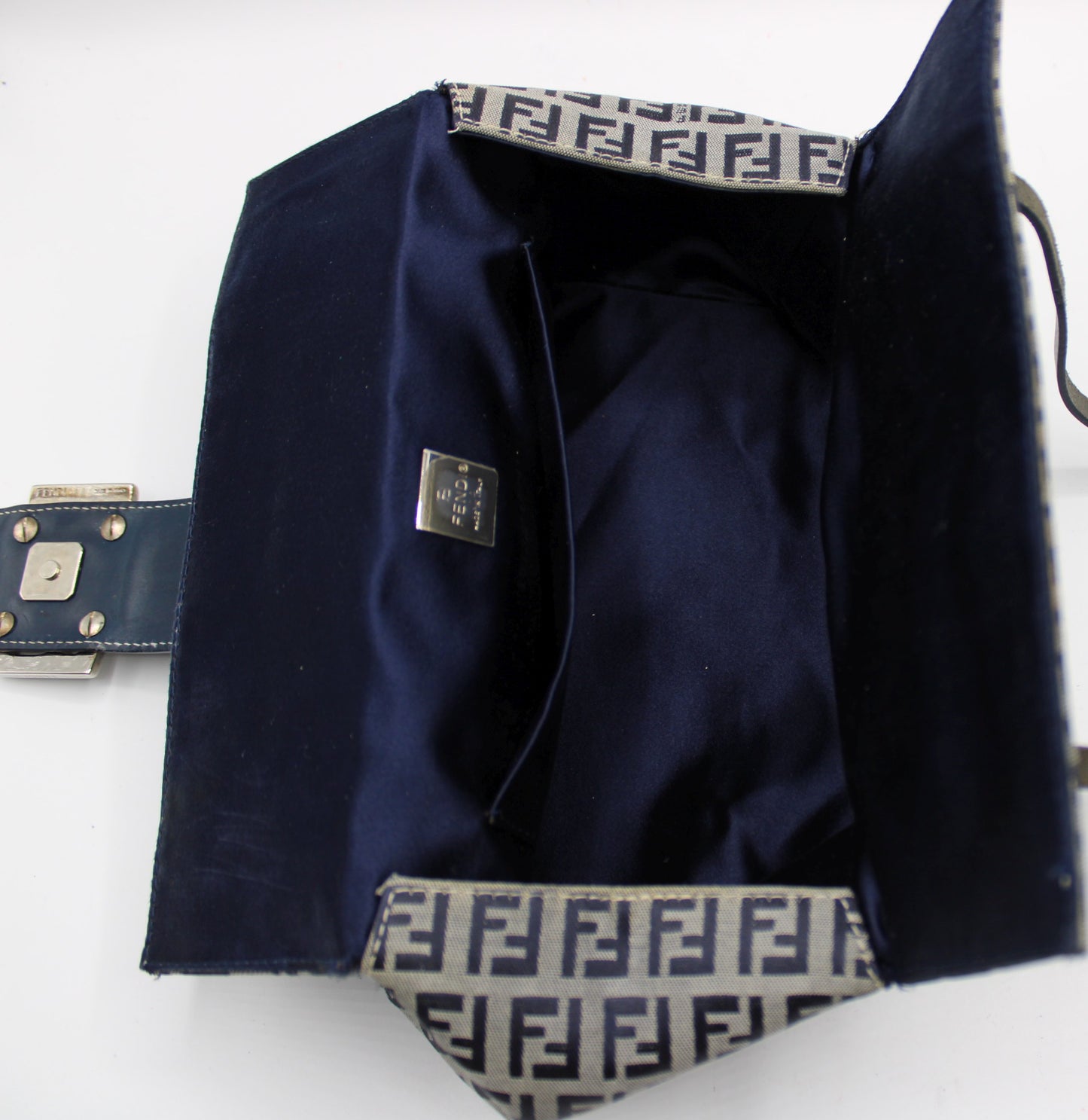 Fendi Navy Zucca Canvas Leather Mini Baguette Bag