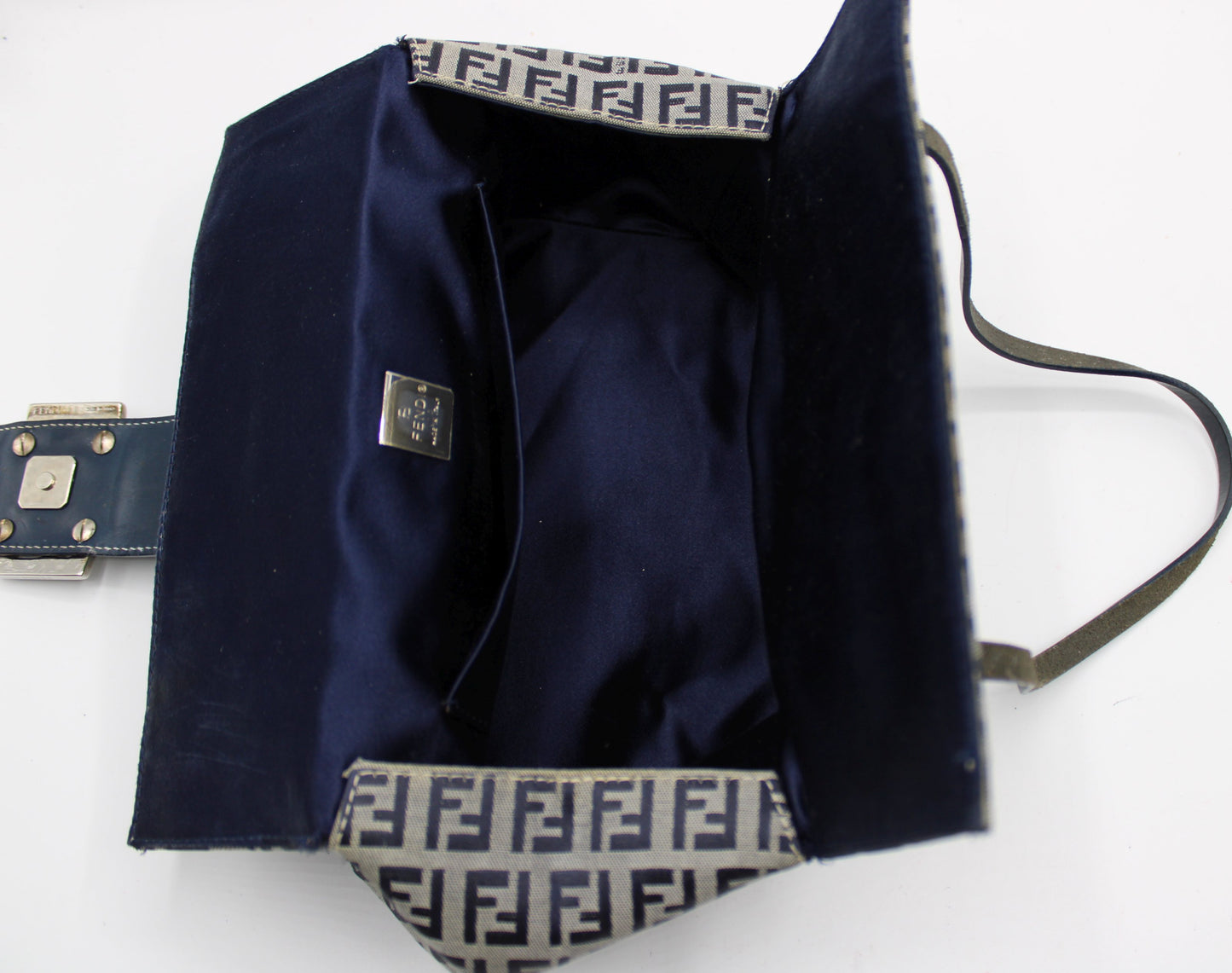Fendi Navy Zucca Canvas Leather Mini Baguette Bag