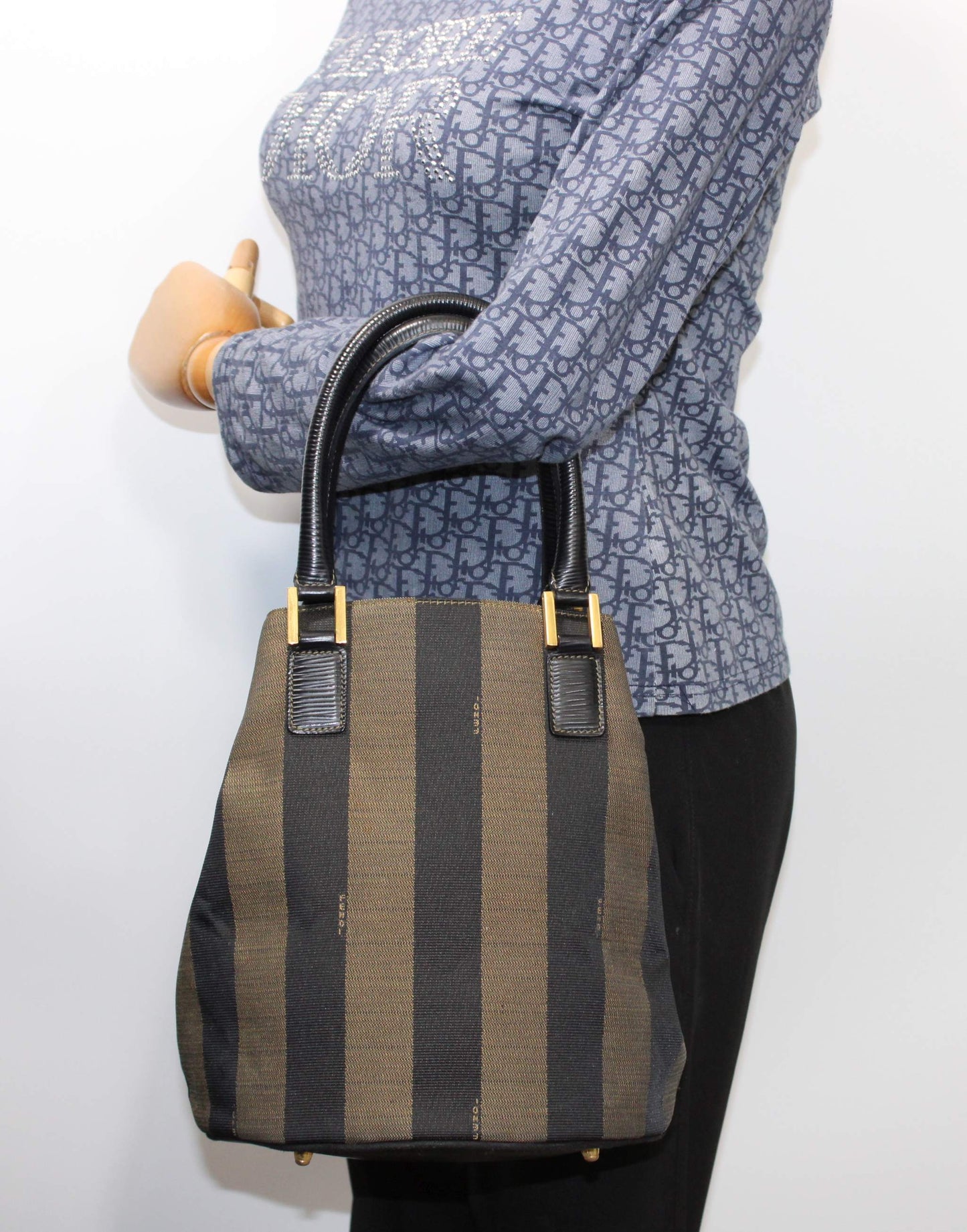 Fendi Brown Black Pequin Stripe Canvas Leather Tote Bag