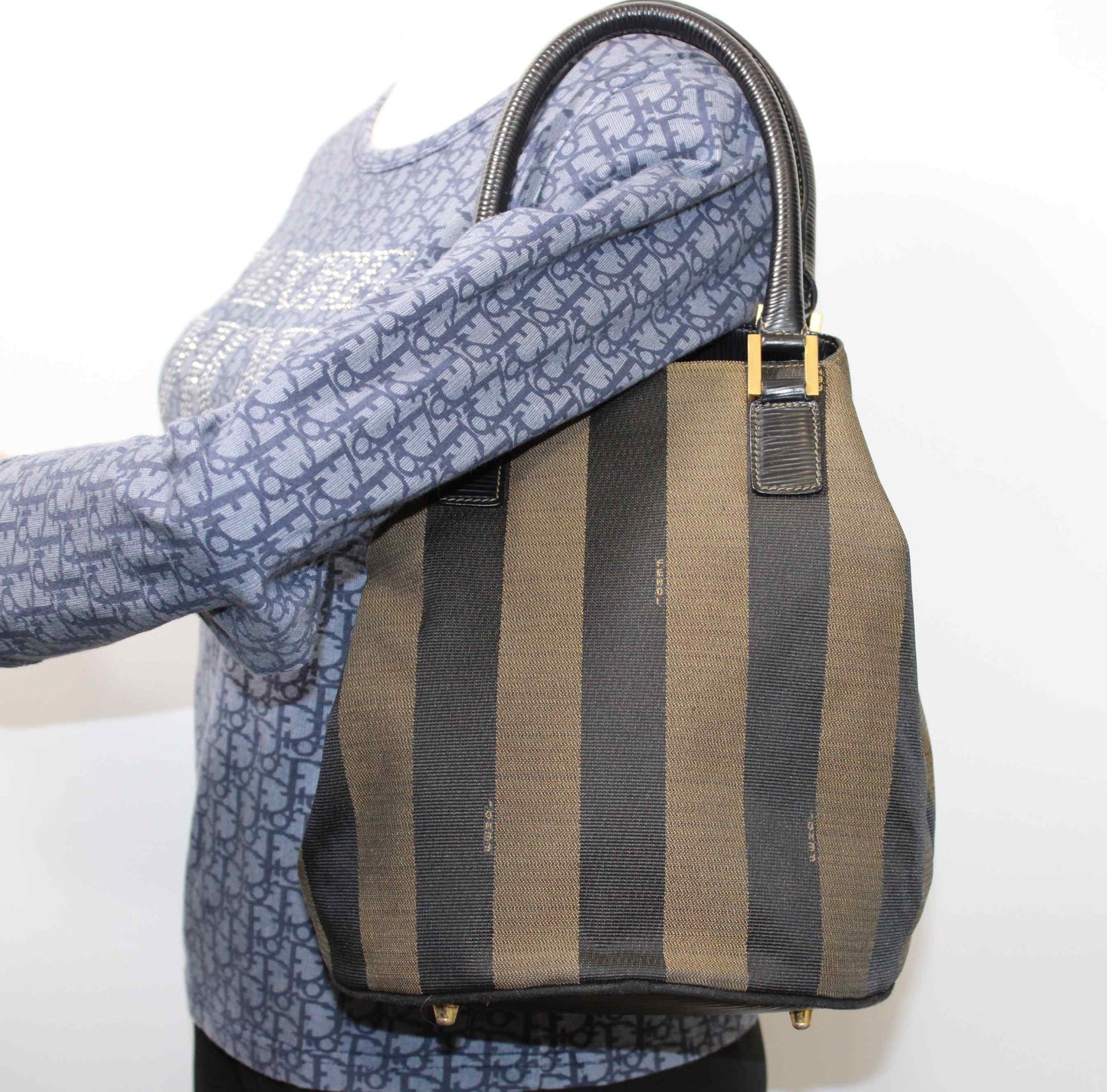 Fendi Brown Black Pequin Stripe Canvas Leather Tote Bag