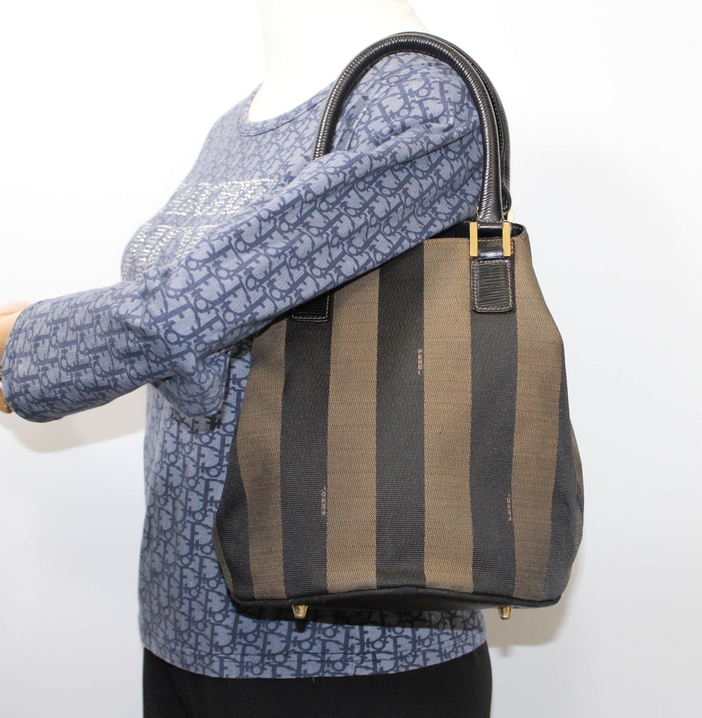 Fendi Brown Black Pequin Stripe Canvas Leather Tote Bag