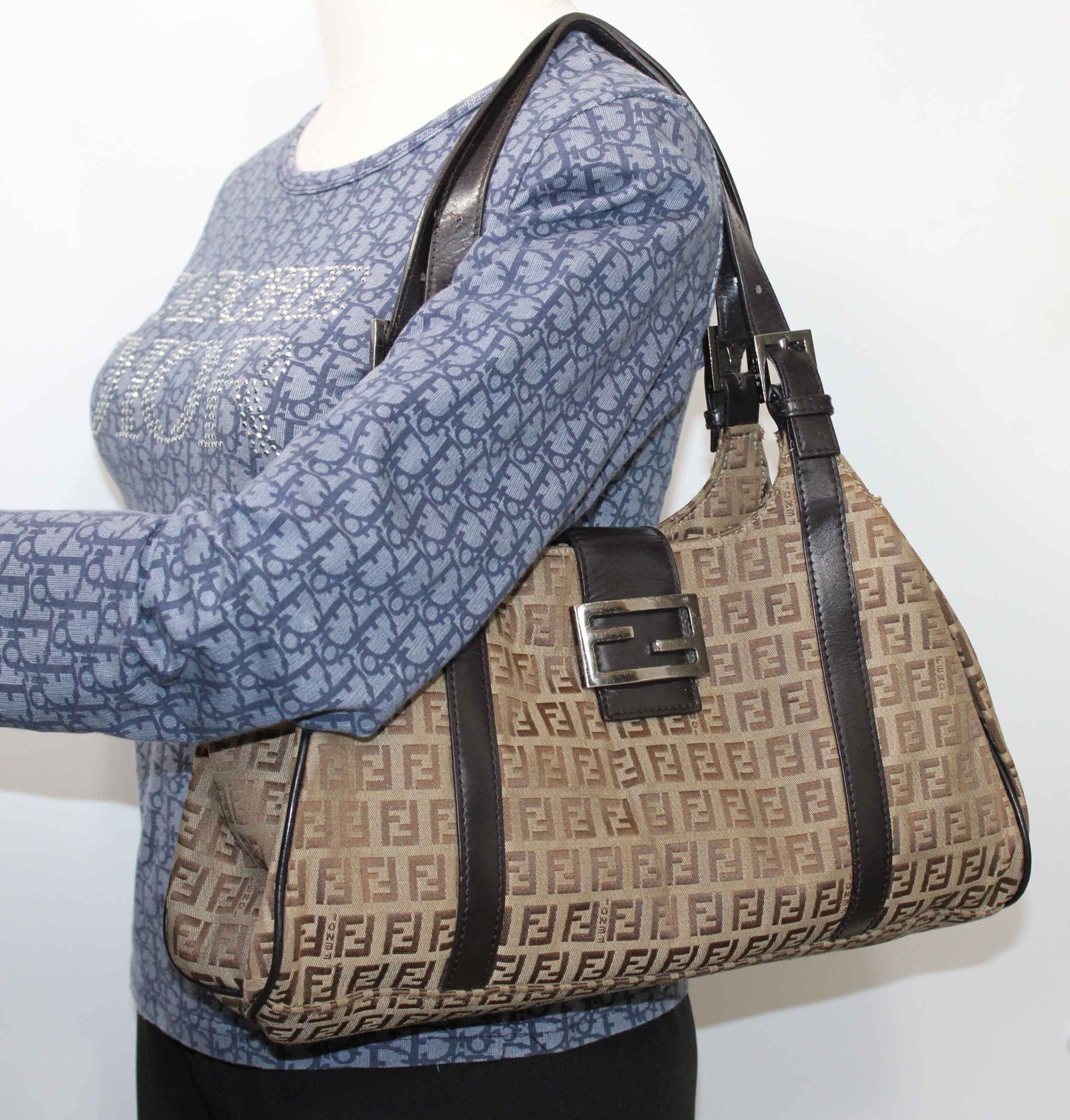 Fendi Brown Zucca Canvas Leather Baguette Shoulder Tote Bag
